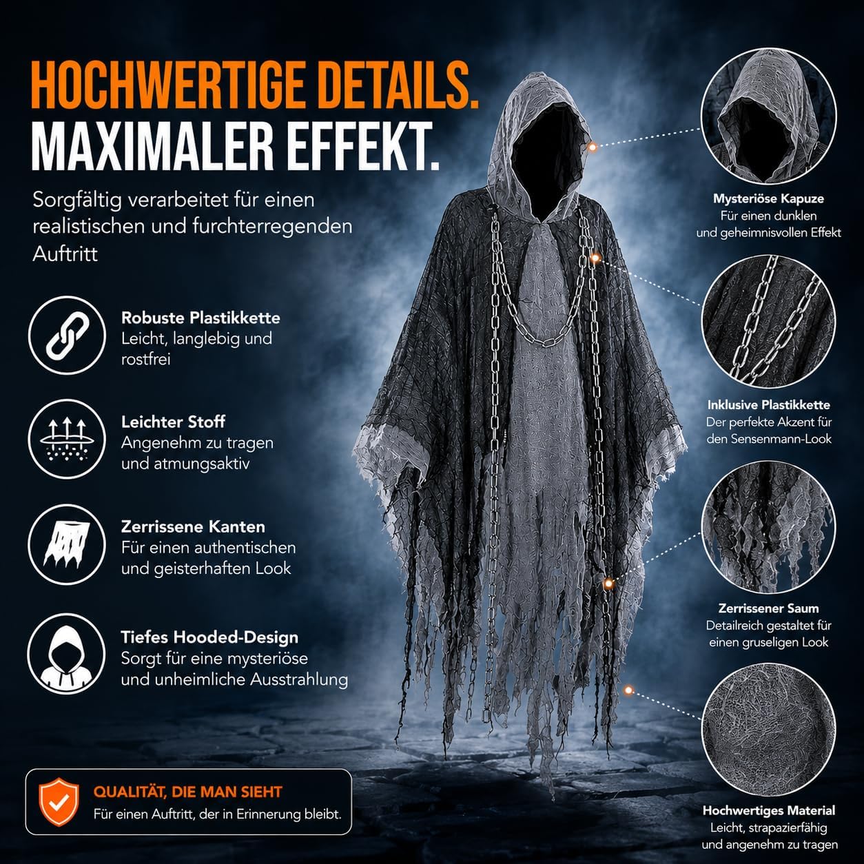 Detalle 1 de TK Gruppe Timo Klingler Halloweenkostuum voor volwassenen met capuchon en ketting