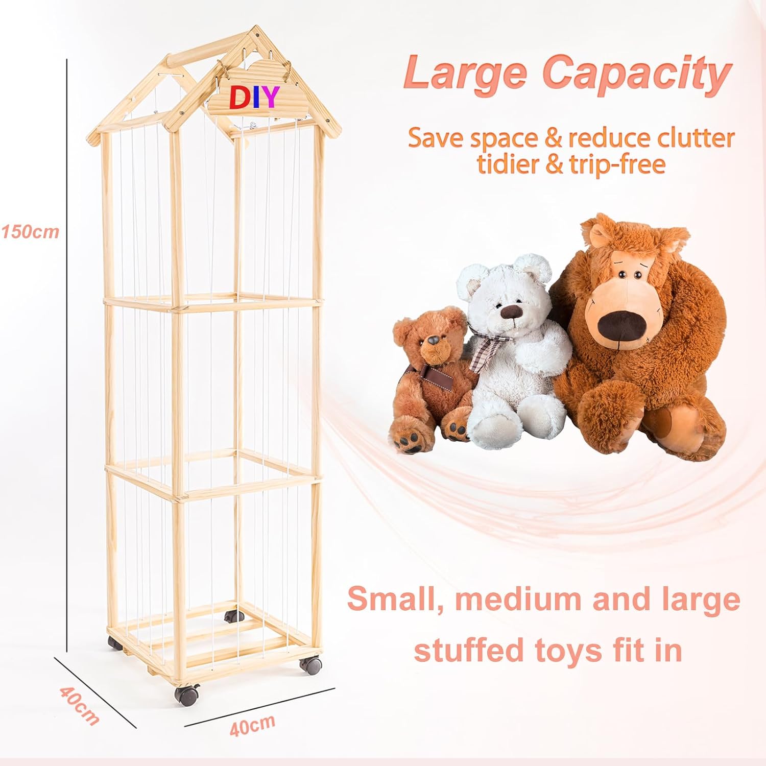Detalle de Holz Kuscheltier Aufbewahrung mit 360°-Bremse-Rädern (150 x 40 x 40 cm) – Plüschtiere Regal für Kinderzimmer