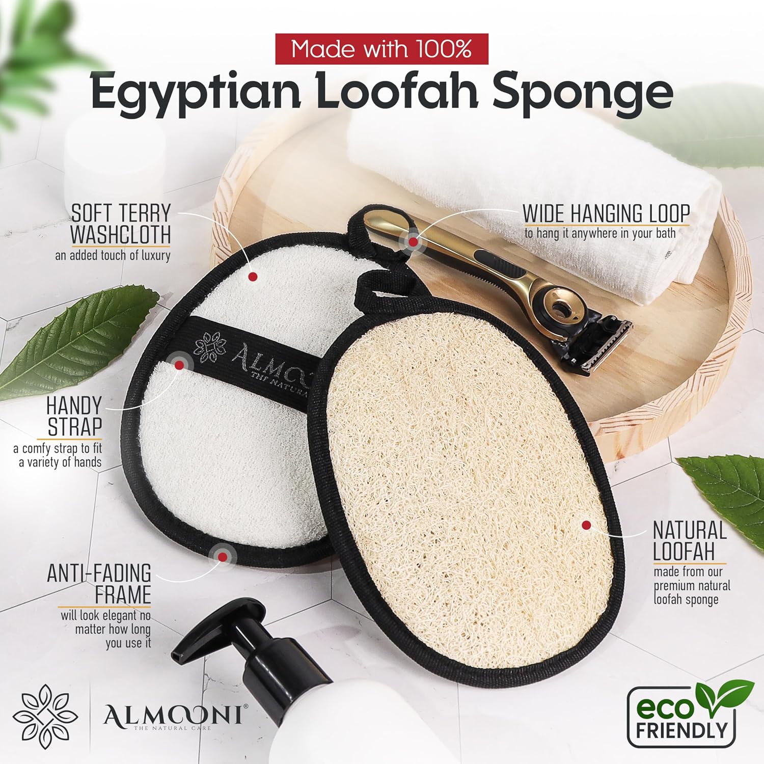 Detalle de Sturdy Natural Loofah for Men (Natural Egyptian Shower Luffa Sponge) – 2 Count, Black