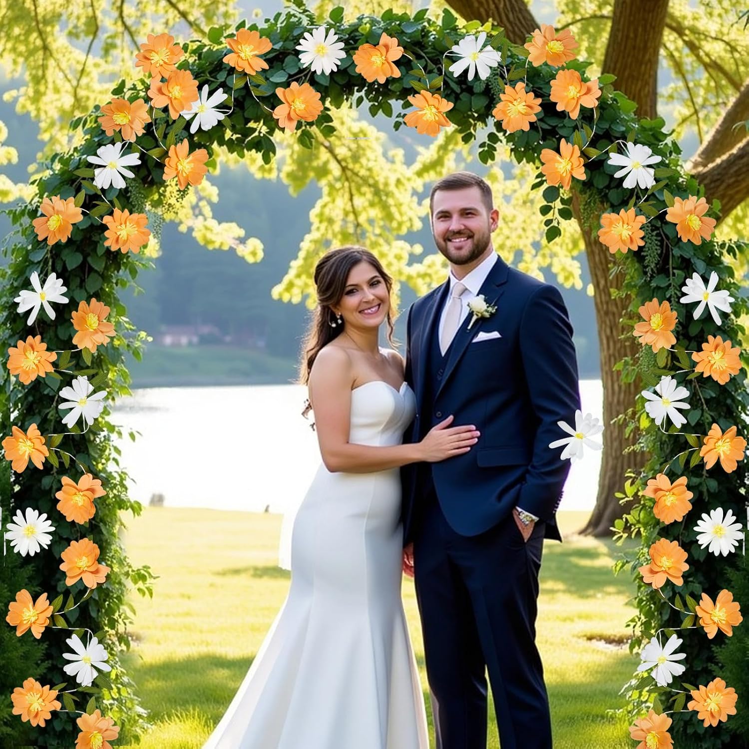 Thumbnail 5 de Easy Joy Paper Flower Garland 8.2ft - Spring Orange & White Floral Banner with Green Leaves