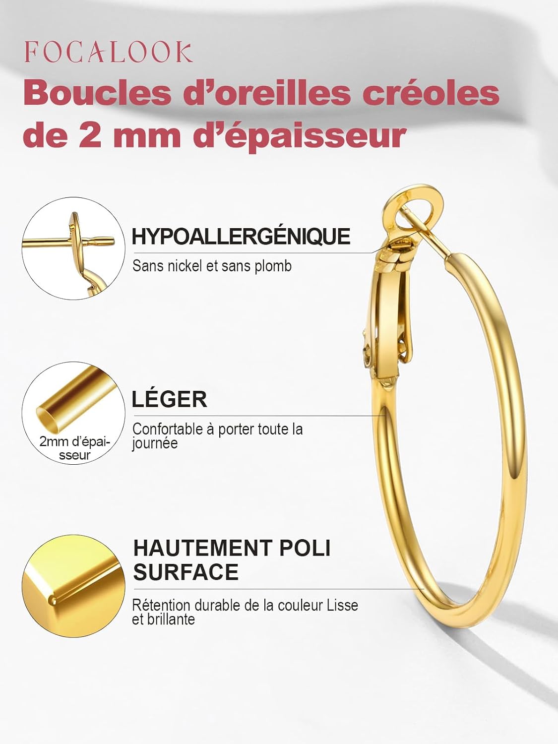 Detalle 2 de FOCALOOK Créoles 30mm en acier inoxydable