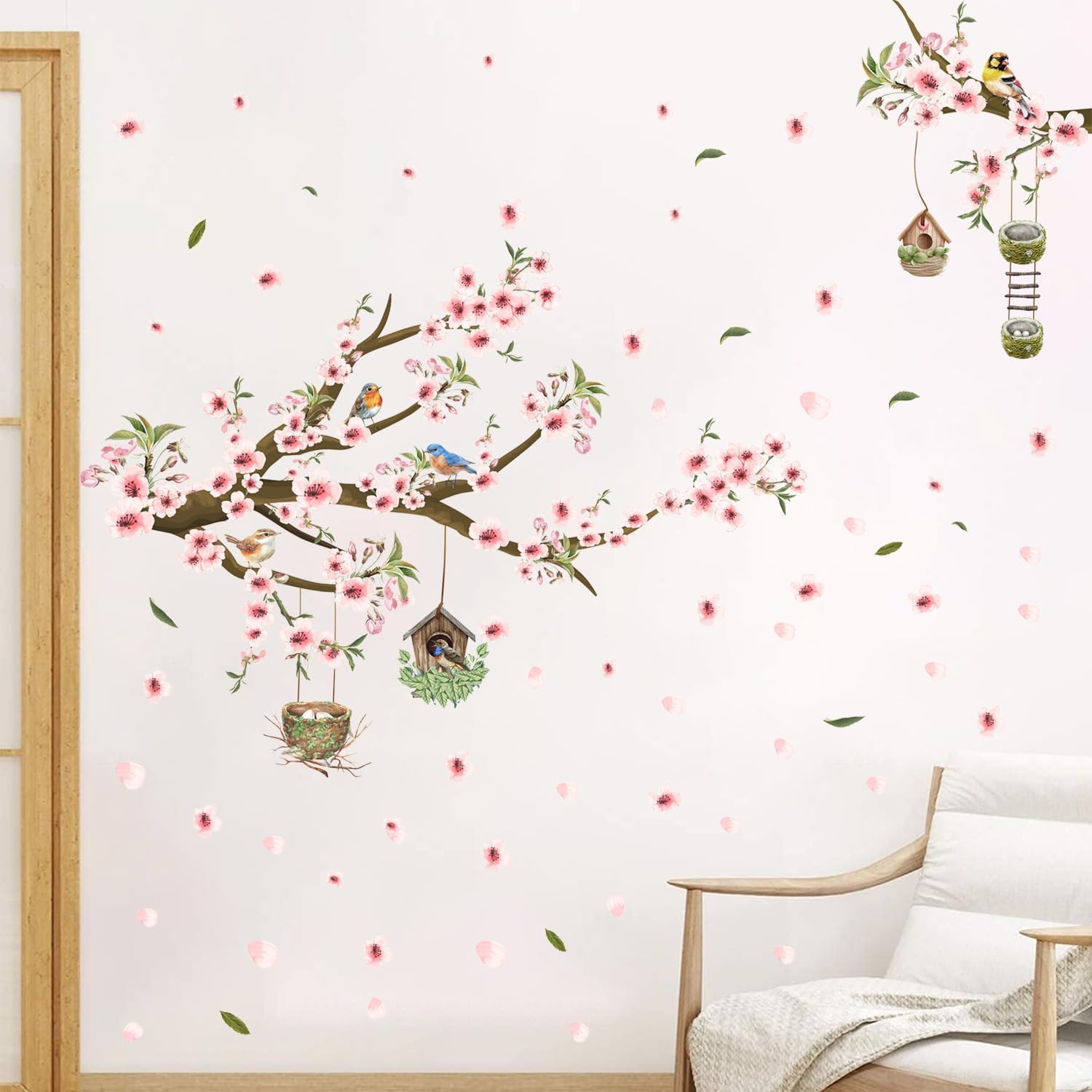 Thumbnail 6 de HPNIUB Pink Flower Tree Branch Birds Wall Stickers (84 x 30cm) for Bedroom, Living Room & Office