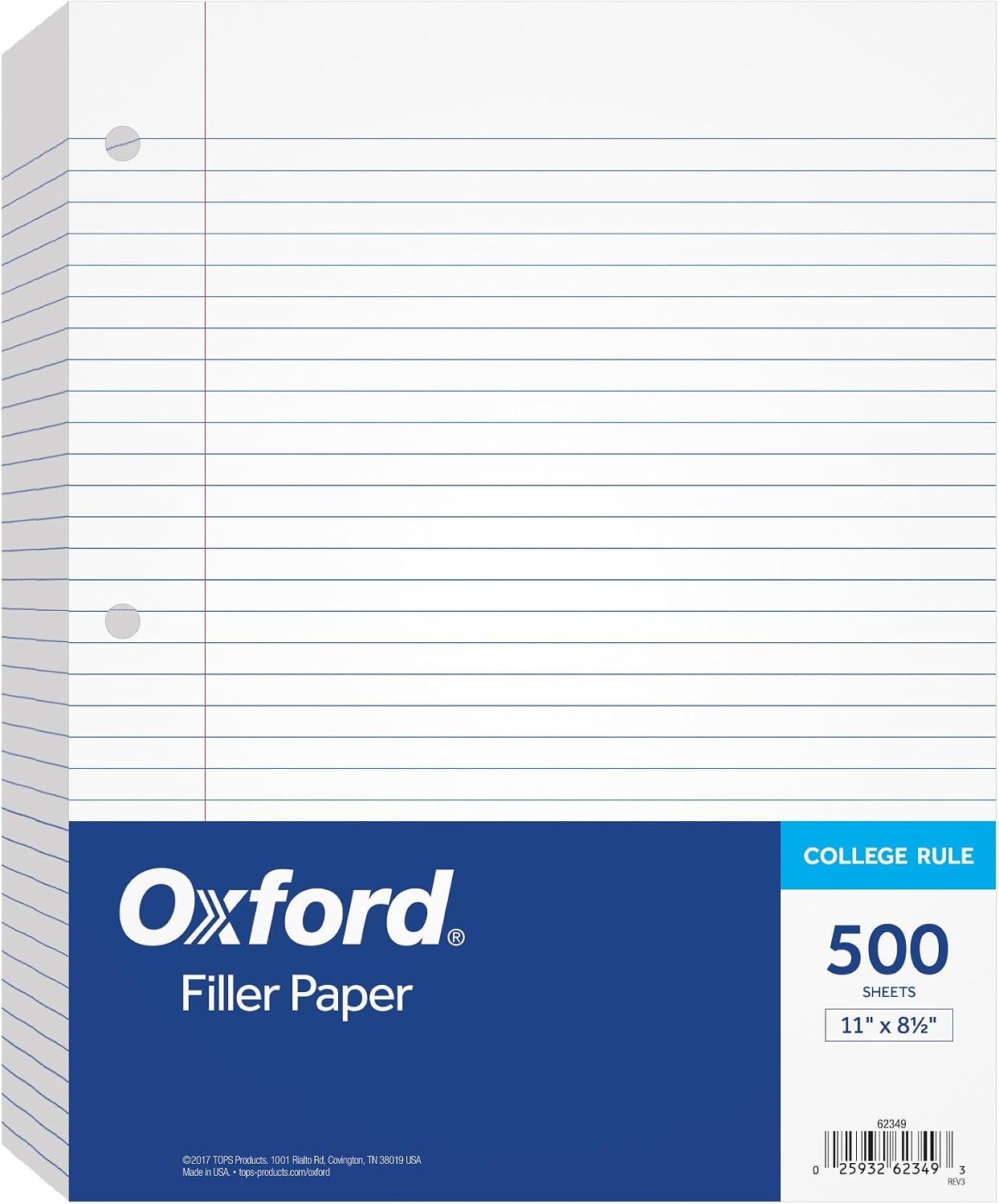 Detalle de Oxford 500-Sheet College Rule Loose Leaf Paper, 8.5 x 11, 3-Hole Punch (62349)