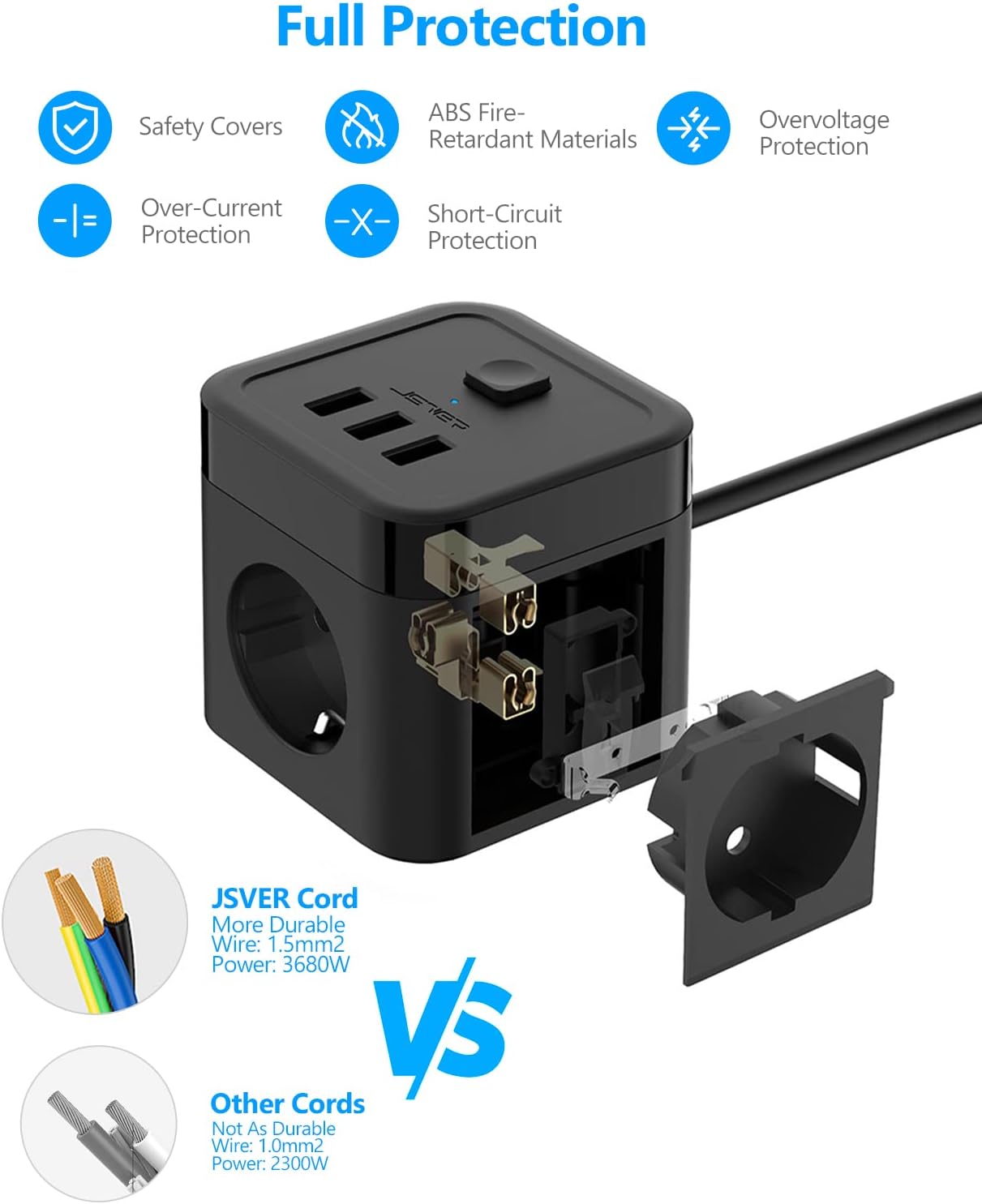 Thumbnail 4 de JSVER Cube Multiprise 3M avec USB – 3 prises CA et 3 ports USB, câble 3 m, noir