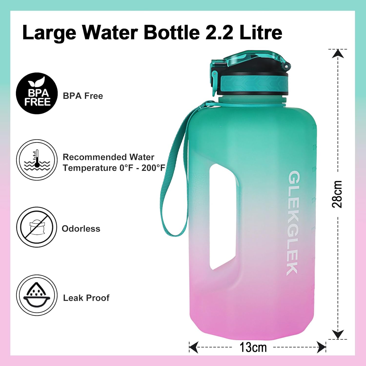 Thumbnail 2 de GLEKGLEK 2.2 Litre Water Bottle with Straw, Time Markings & Handle (BPA Free) – Leakproof Sport Jug, Green Pink