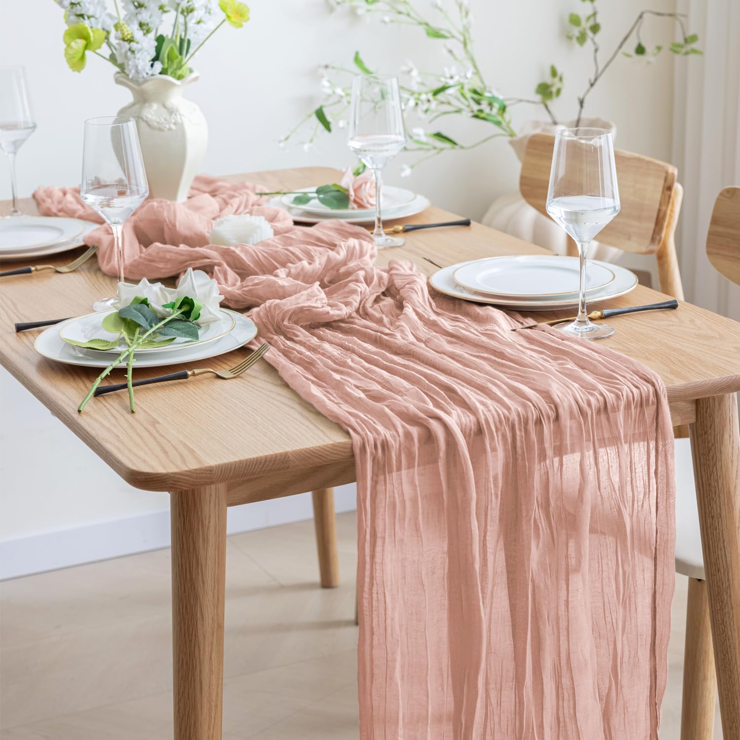 Detalle de Asee'm 4pc Dusty Pink Cheesecloth Table Runner Set — 120-Inch Boho Rustic 10ft Runways for Weddings & Events
