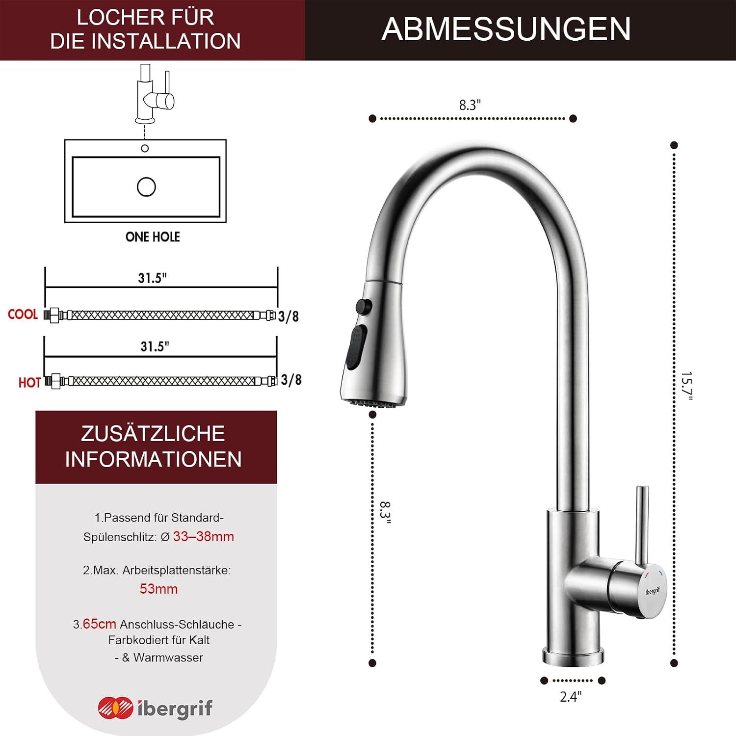 Detalle 2 de Ibergrif Ausziehbar Küchenarmatur 360° 40 cm 🚰