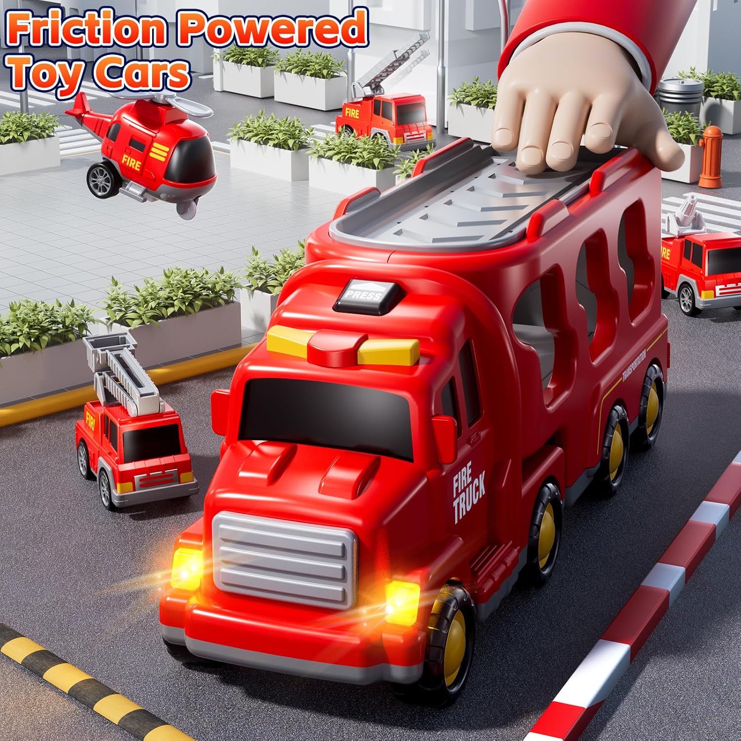 Detalle 2 de KIZONLY Fire Truck Toys 5-in-1 Carrier Vehicle Set ๐