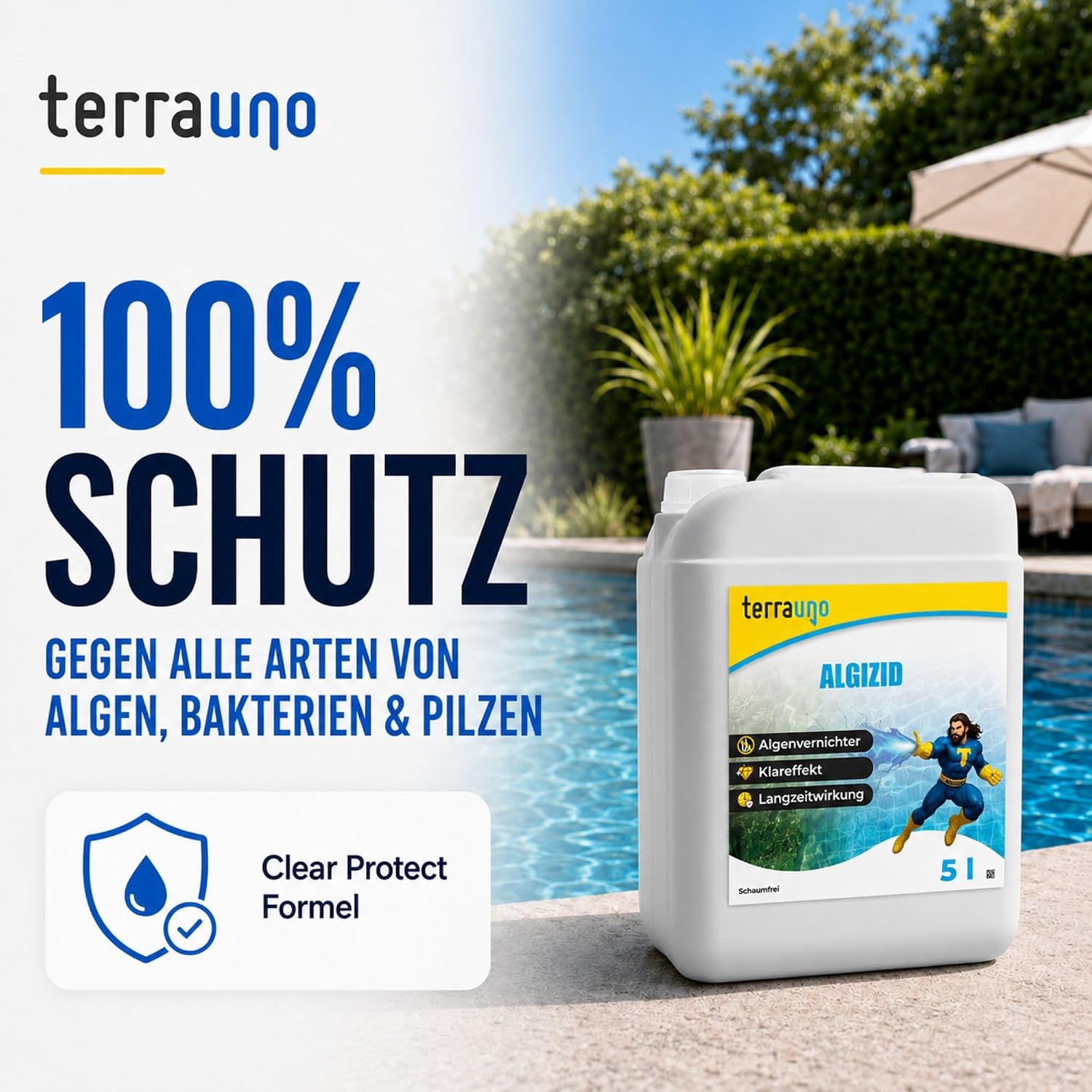 Detalle 2 de TerraUno Algizid für Pool – Algenvernichter mit Klareffekt, 5 L
