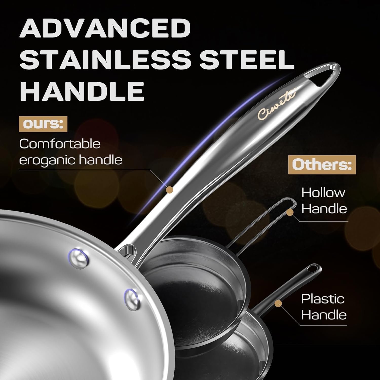 Detalle 2 de Ciwete 11-Piece Tri-Ply Stainless Steel Cookware Set with Steamer Insert