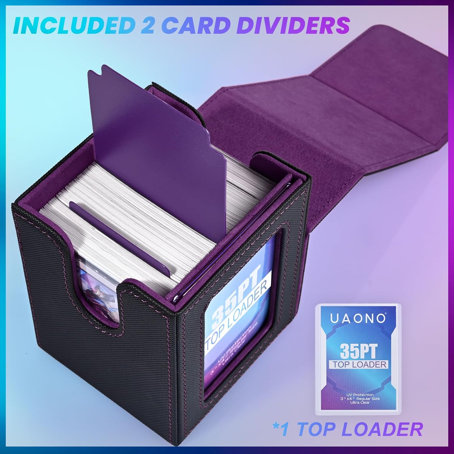 Thumbnail 4 de UAONO Magic Deck Box für MTG Commander mit Top Loader, Platz für 100+ Karten und 2 Trennwänden (schwarz/lila)
