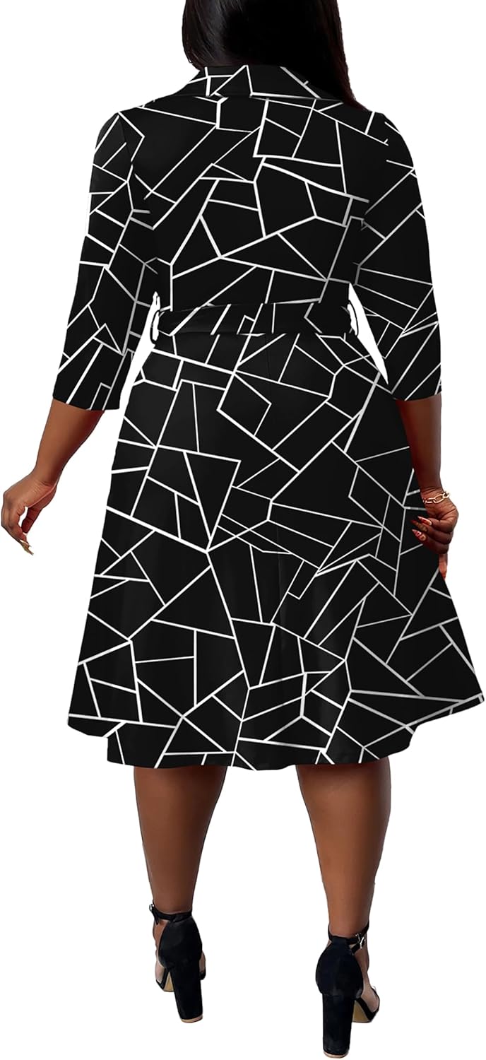 Thumbnail 3 de FANDEE Plus Size Midi Dress with African Print – 3/4 Sleeves, V-Neck, Pockets, Belt (L-5XL)