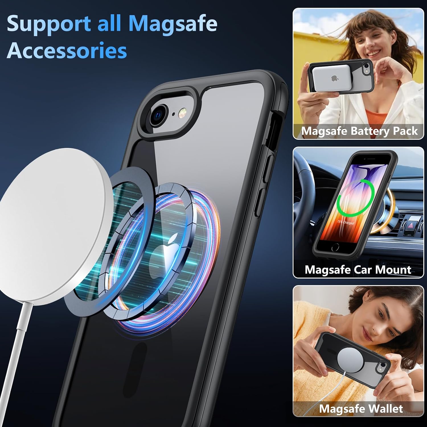 Thumbnail 5 de OWKEY Magnetic iPhone SE 2022/SE 2020/8/7 Case with 360° full-body protection and built-in screen protector (Black)