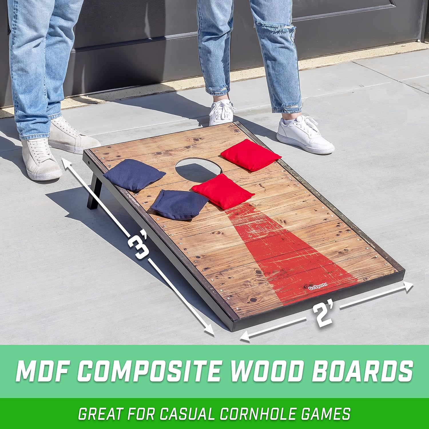 Detalle de GoSports Ensemble de Cornhole de Football personnalisable – 2 planches, 8 poufs et étui