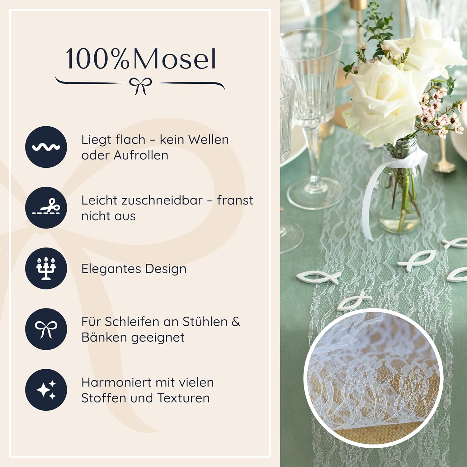 Thumbnail 4 de 100%Mosel Tischläufer Spitze in Reinweiß (15 cm x 25 m) – eleganter Spitzen-Tischband für Hochzeit & Taufe
