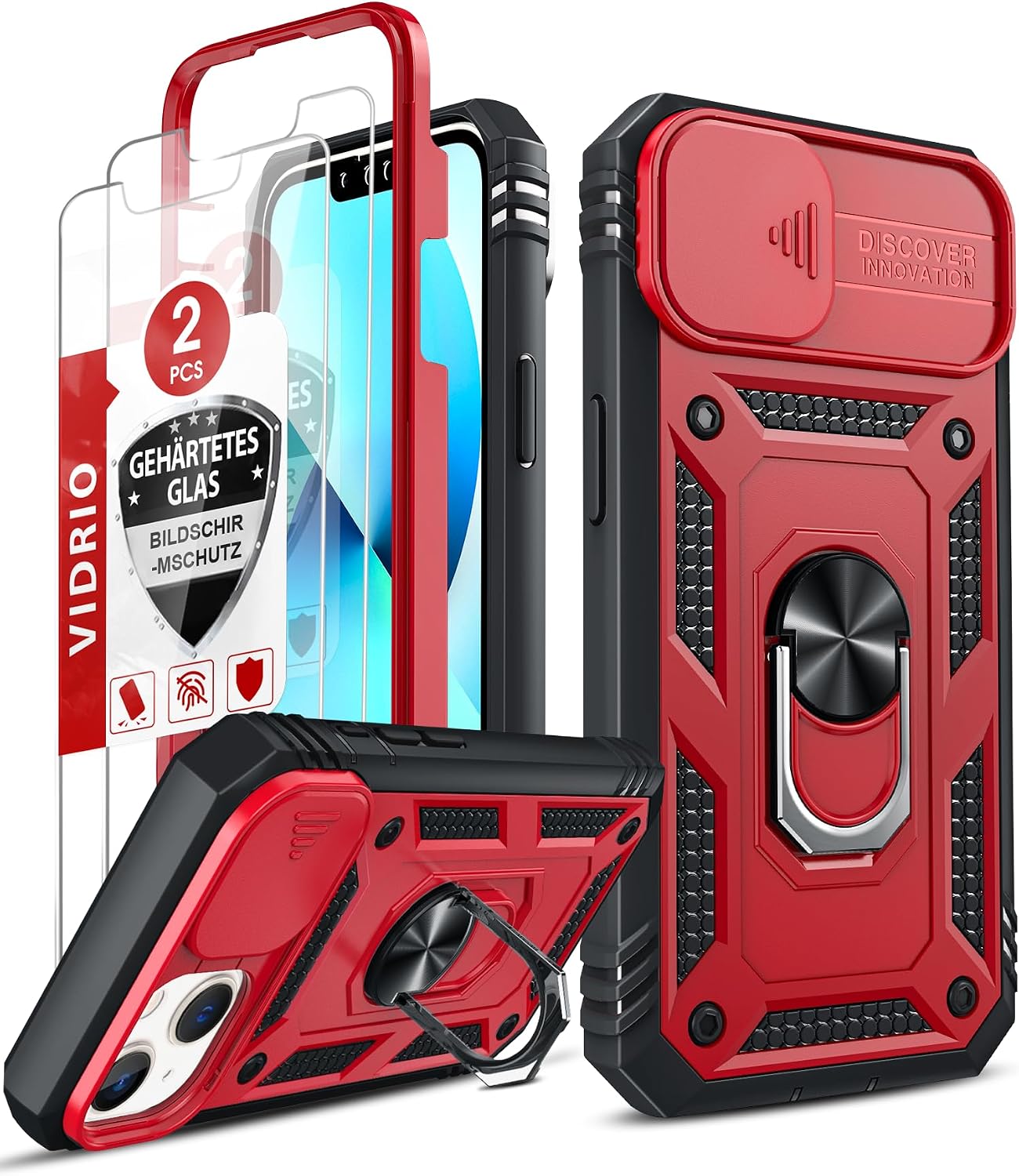 Detalle de LeYi iPhone 14 6.1" case with sliding camera cover, 360° armour protection and ring stand (2-pack tempered glass)