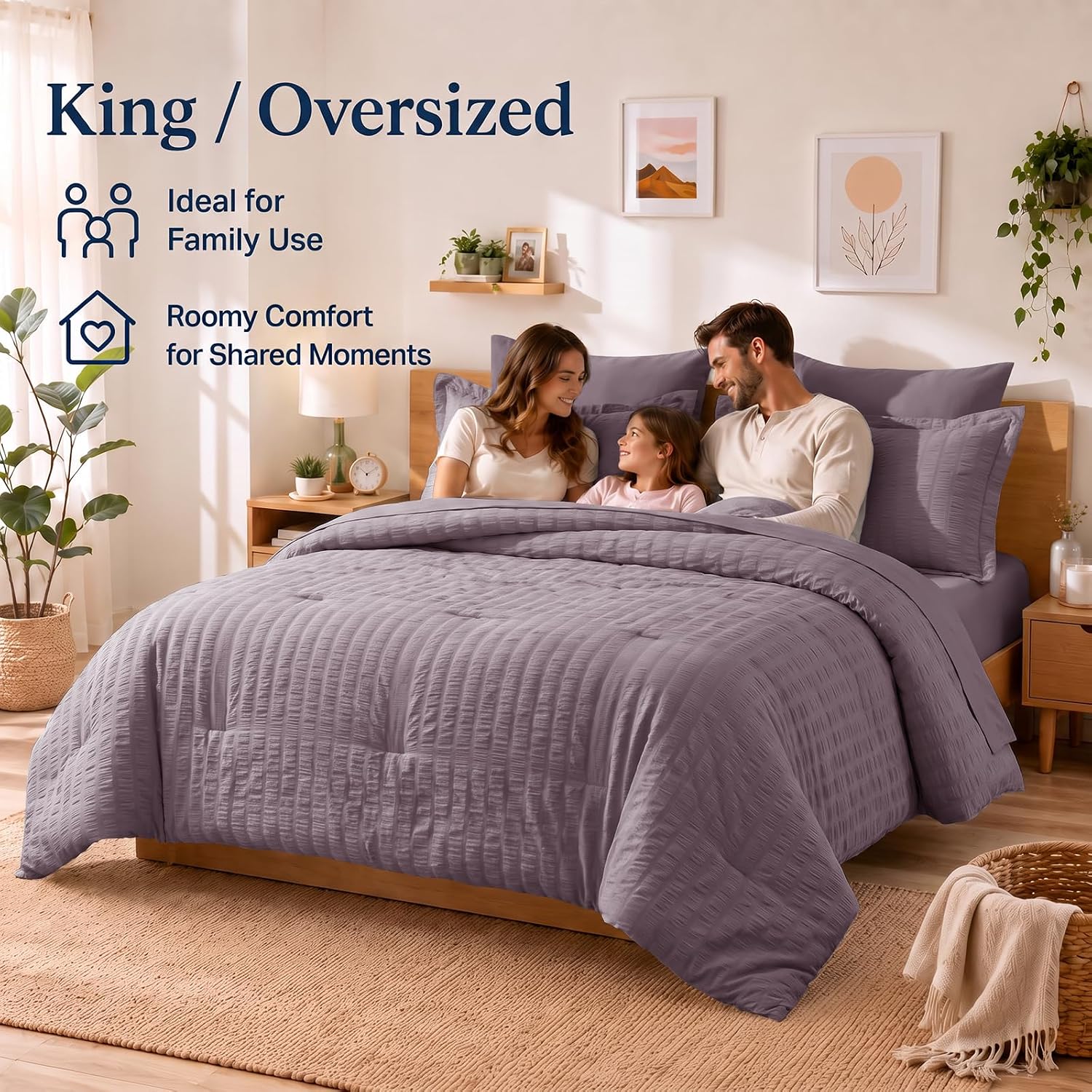 Detalle 2 de CozyLux Oversized King Comforter Set in Dusty Purple Seersucker (7-Piece Bed-in-a-Bag)