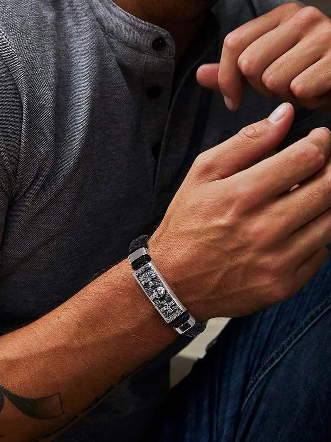 Thumbnail 1 de Bandmax Bracelet Homme Cuir PU Tressé Noir 21/23 cm avec Manchette Marteau – Accessoire de mode Bandmax