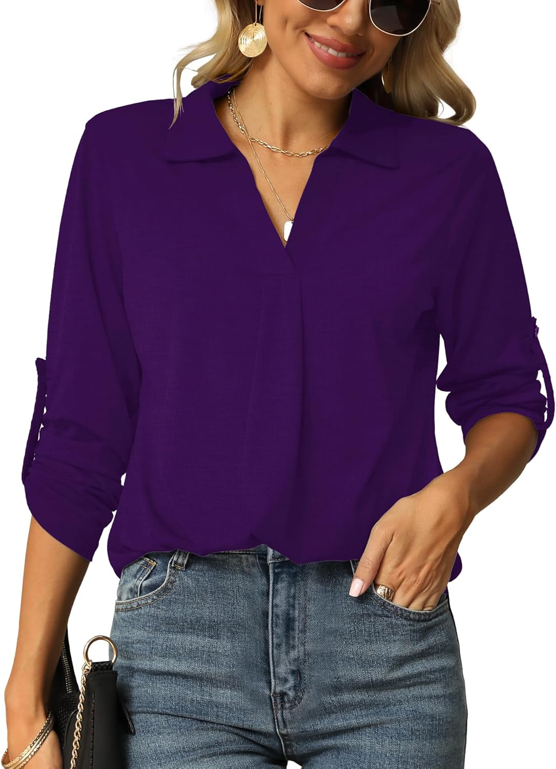 Thumbnail 5 de Odosalii Women's Casual V-Neck Tunic Blouse with Rolled-Up Sleeves