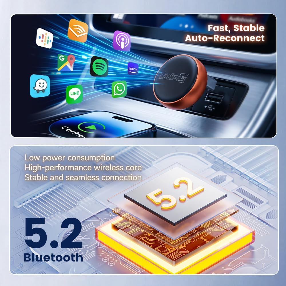 Detalle de Carlinkit Mini Ultra 3 Wireless CarPlay Adapter, USB-A/C, Orange