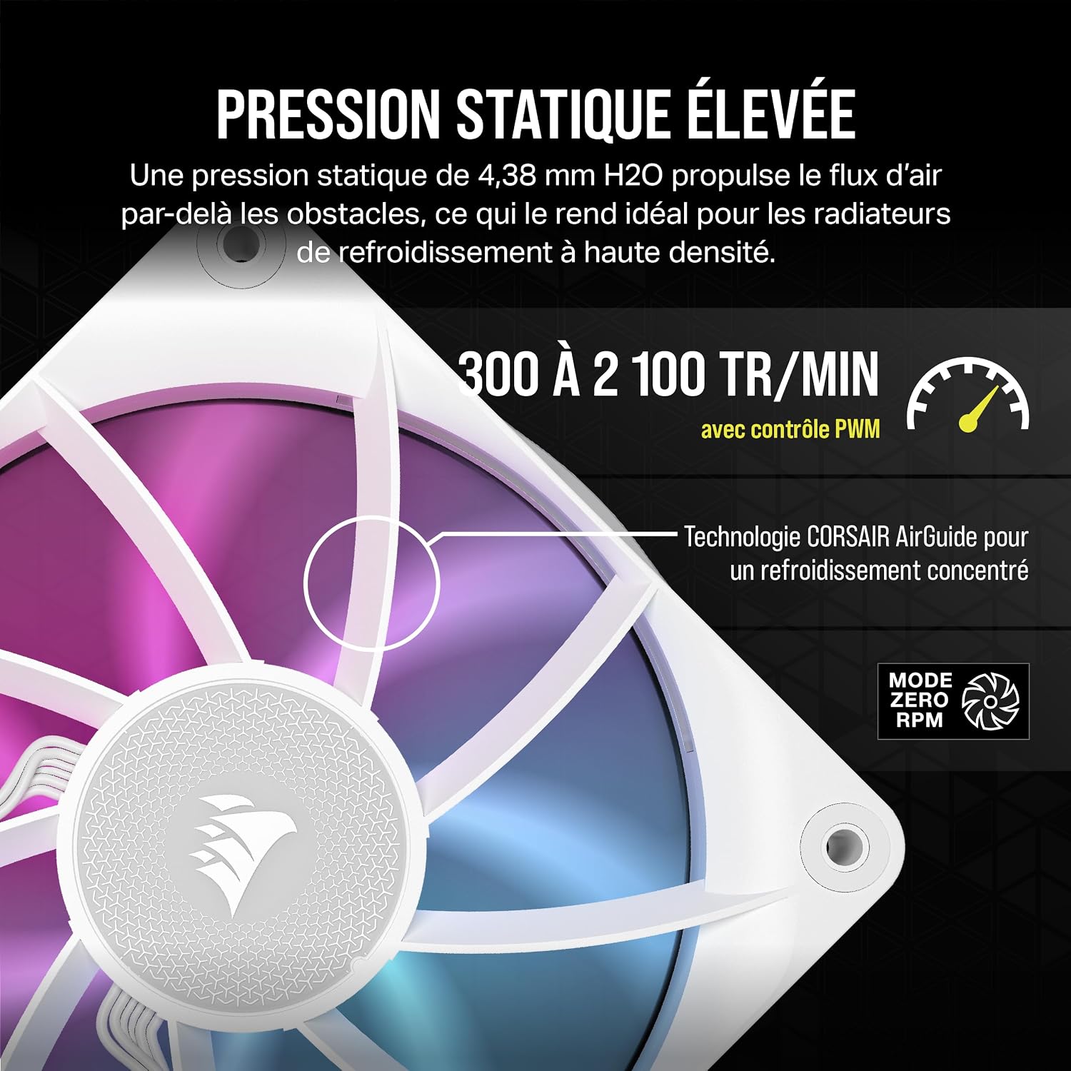 Detalle de CORSAIR iCUE Link RX120 RGB 120 mm PWM – Ventilateur blanc à dôme magnétique