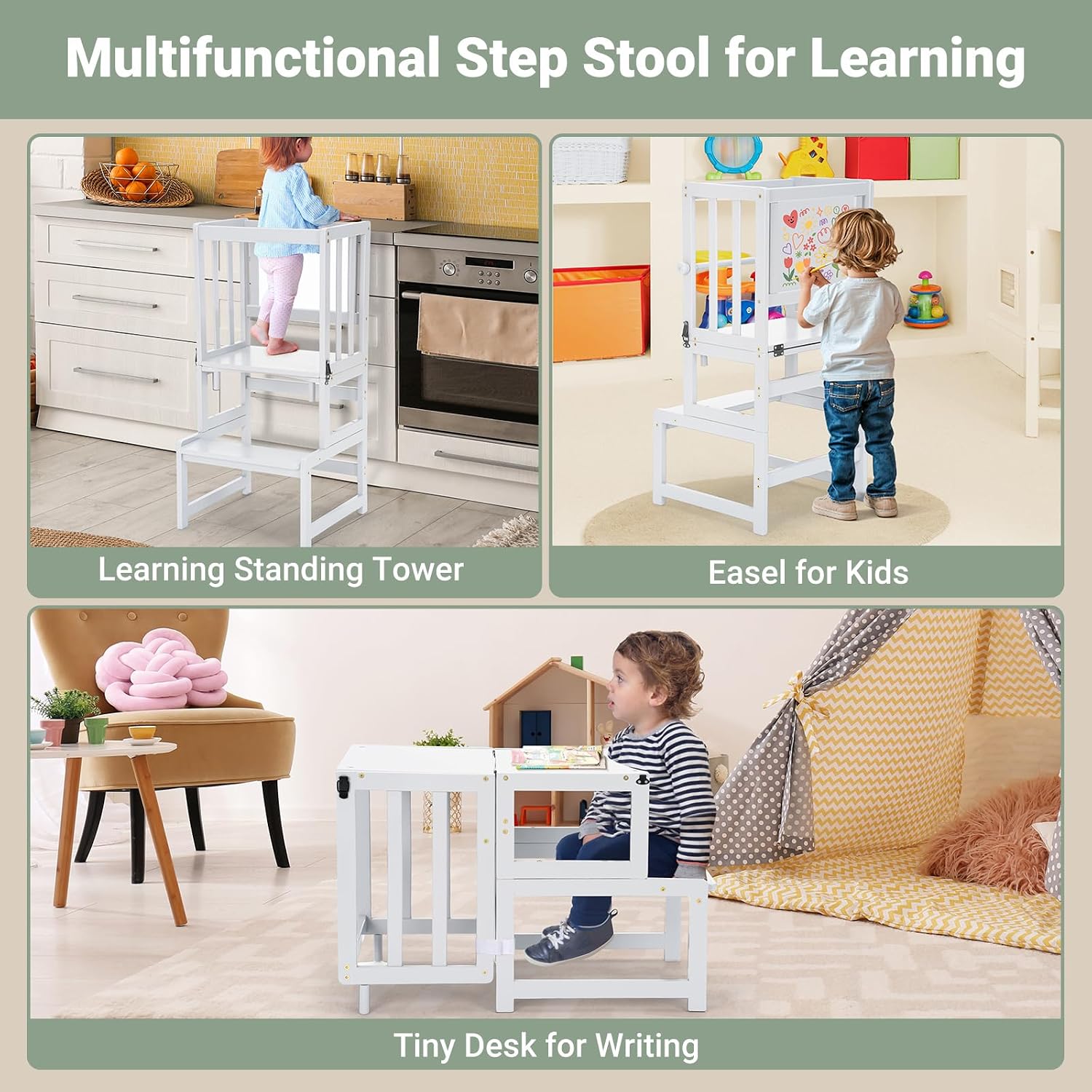 Thumbnail 1 de COSYLAND 3-In-1 Toddler Kitchen Stool Helper (White) — Convertible Standing Tower with Whiteboard