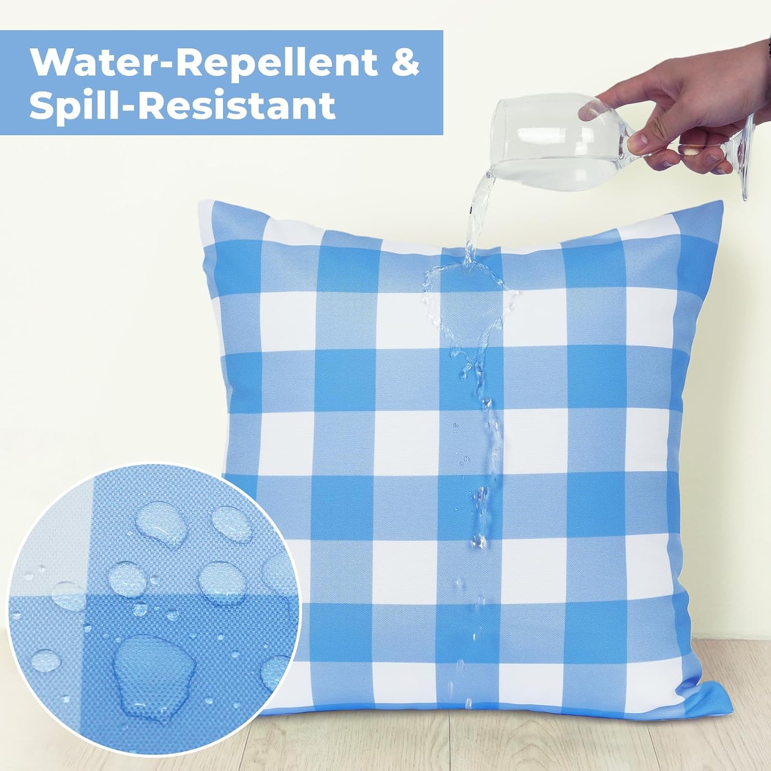 Detalle 2 de 3E Home Blue Gingham Outdoor Cushion Covers 45 x 45cm – Set of 2