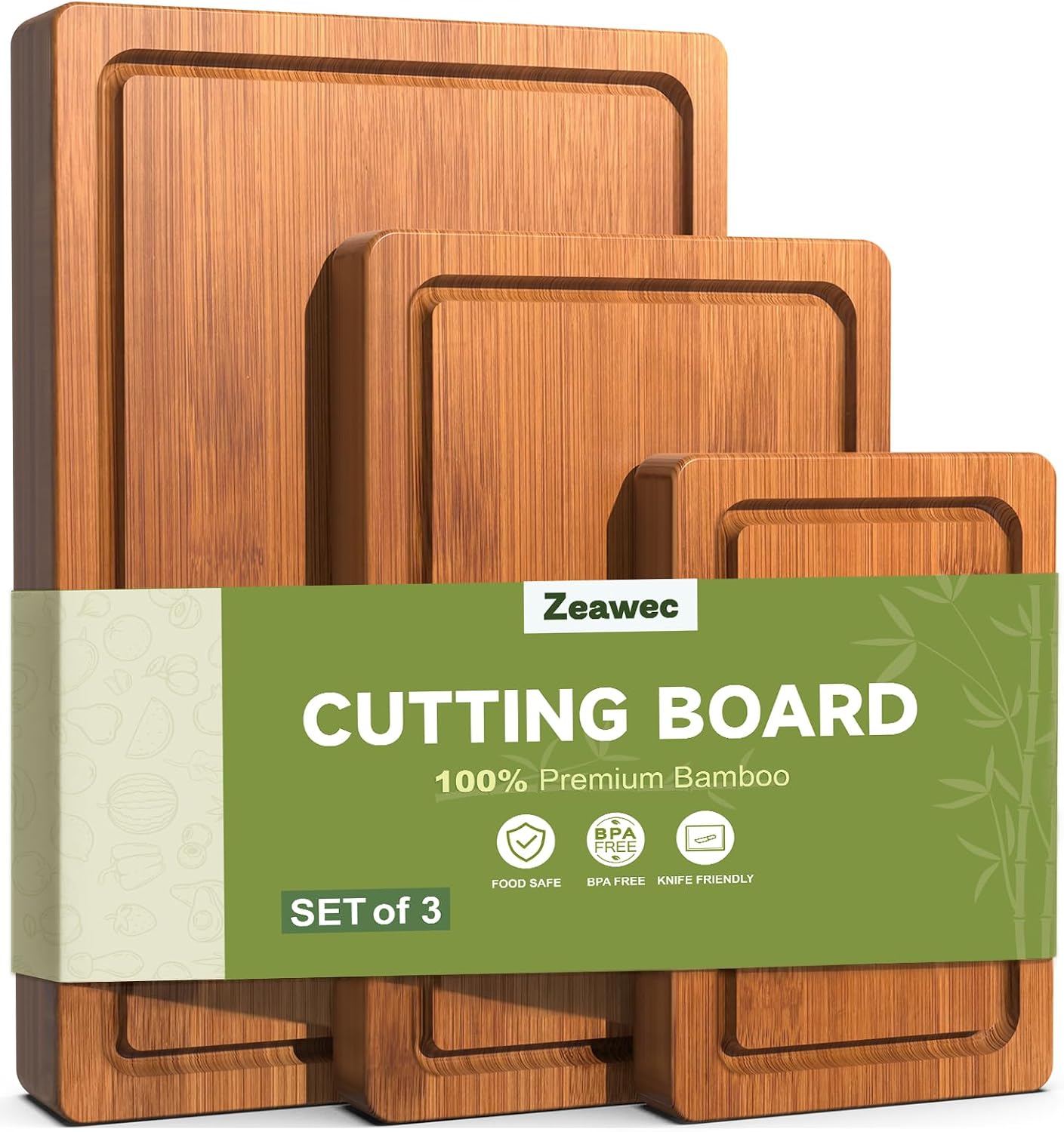 Detalle de Zeawec 3-Piece Bamboo Cutting Board Set with Deep Juice Grooves (Carbonized)
