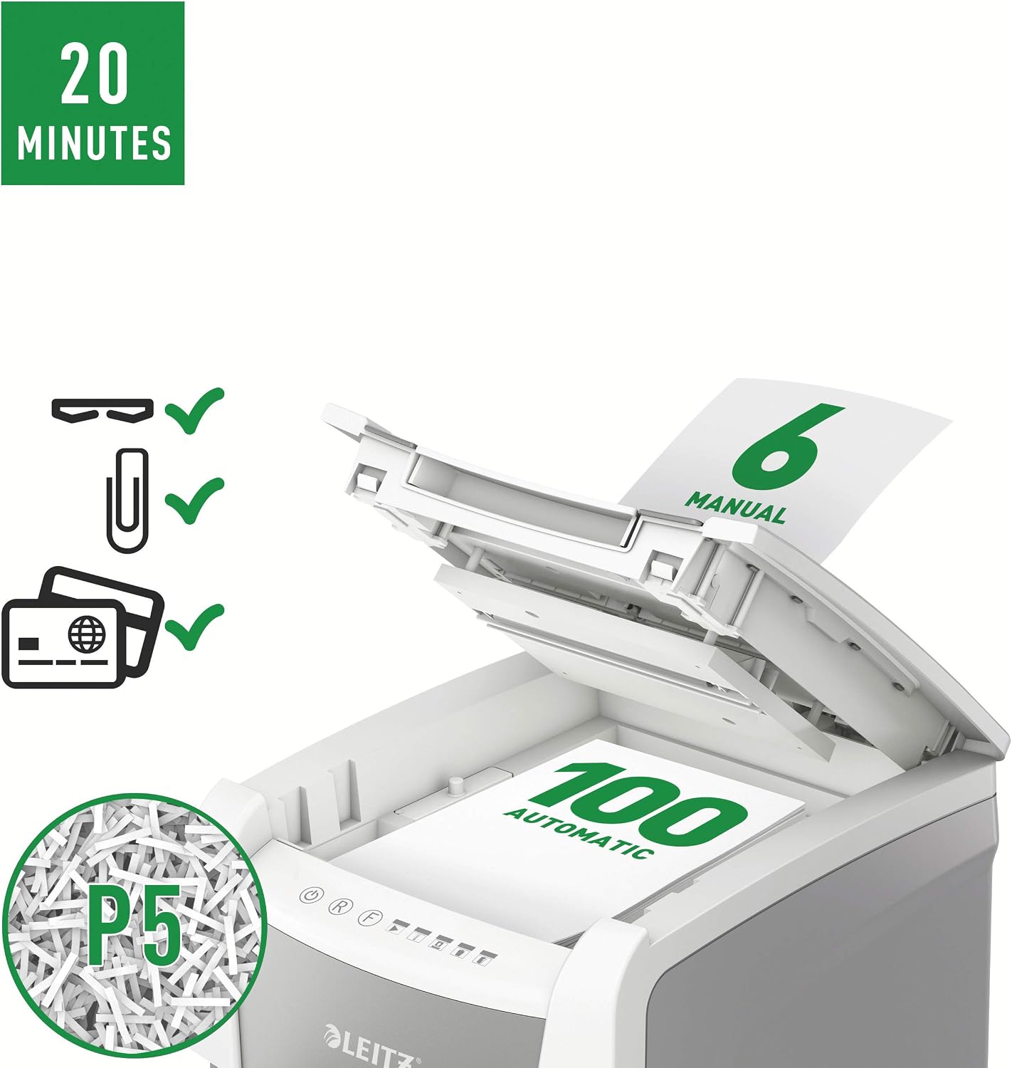 Detalle de Leitz IQ 80120000 Destructeur de Documents – coupe micro sécurité P5, 100 feuilles, corbeille 34 L, blanc
