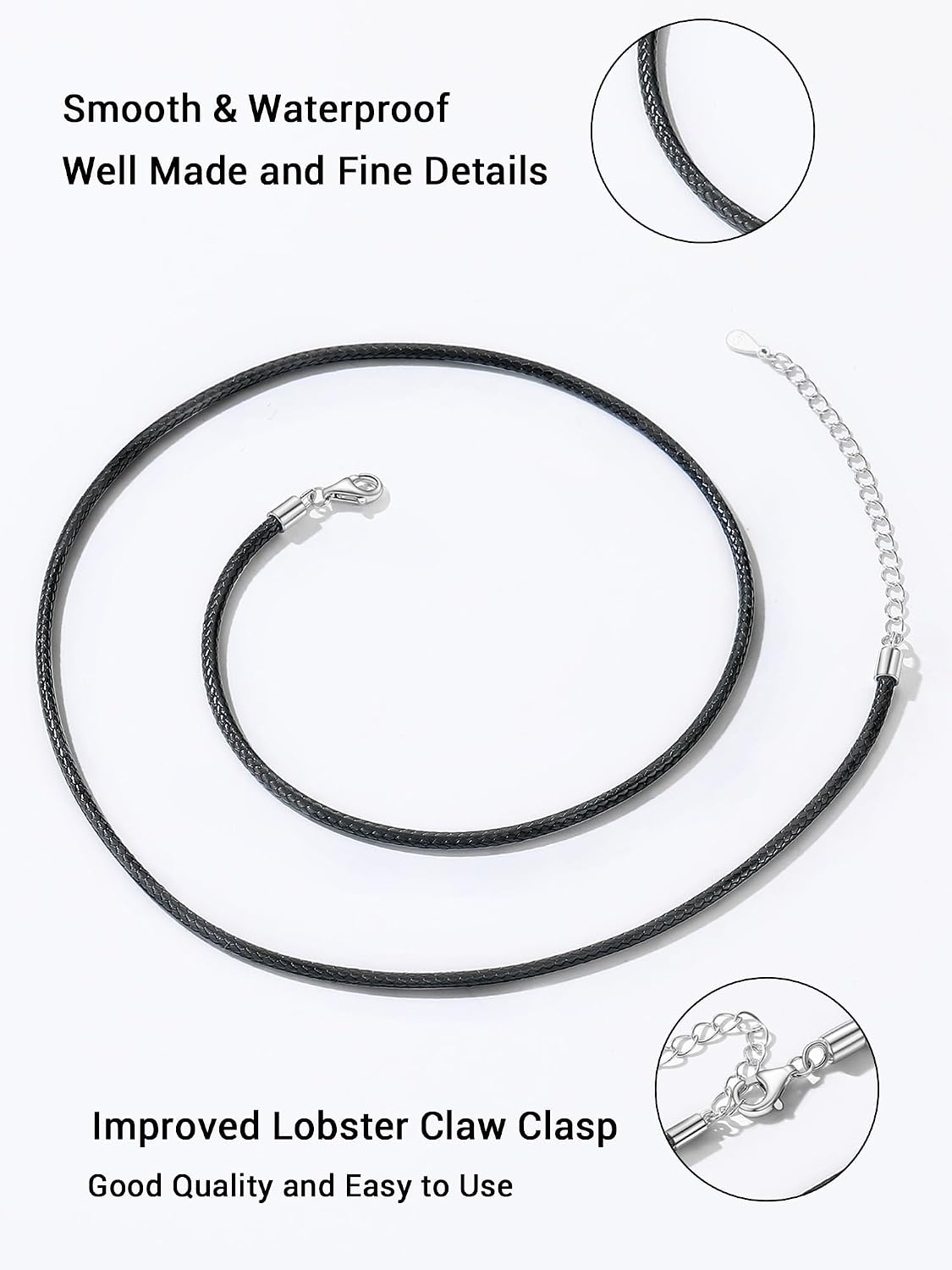 Detalle de Collier PROSILVER en cuir noir avec fermoir Argent 925 (chaîne cordon fin) pour femme et homme