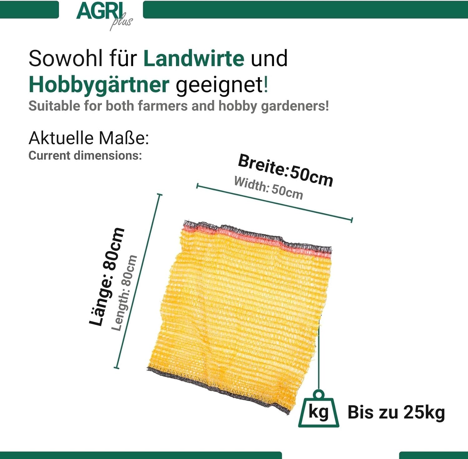 Detalle de AGRI plus Kartoffelsäcke 100 Stück goldgelb 50 x 80 cm mit Zugband – robustes Netzgewebe, 25 kg Fassungsvermögen