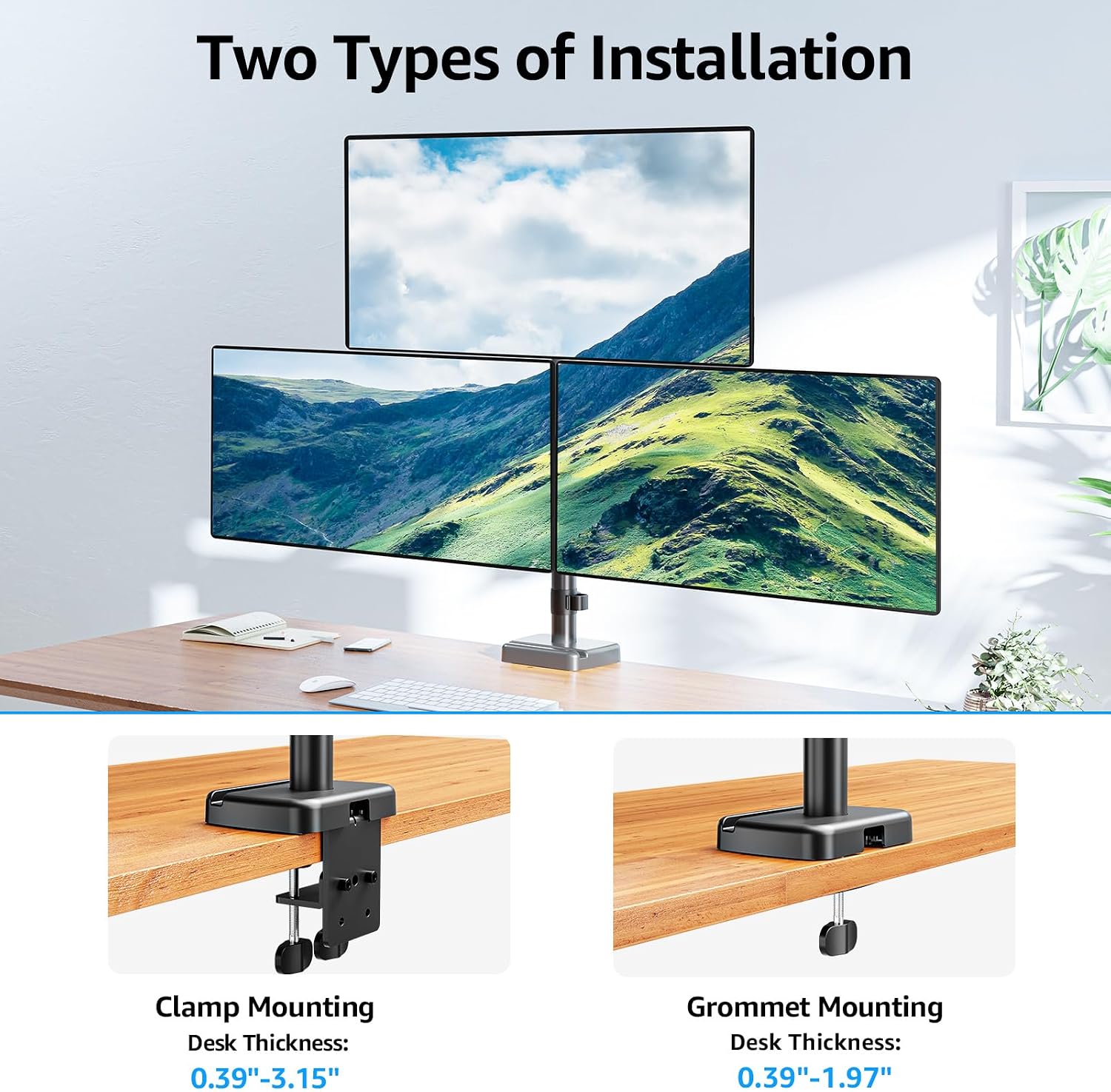 Detalle de MOUNTUP Monitor-Halterung für 3 Monitore EU6013A (bis 32"), dreifacher Monitorarm mit Höhenverstellung