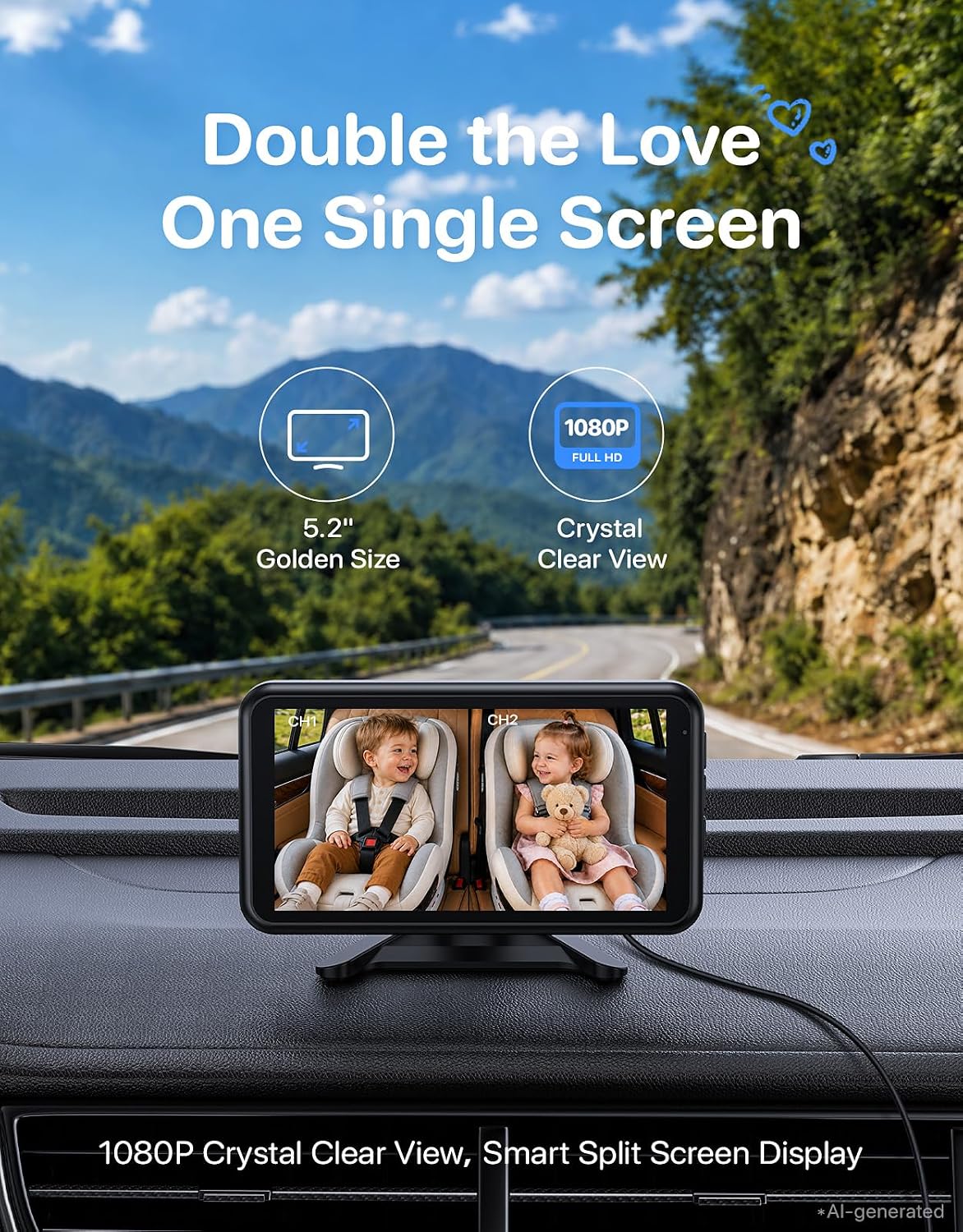 Thumbnail 1 de BM5PRO 7.2" 1080P HD Dual Car Camera Baby Monitor for 2 Kids (Split Screen, IR Night Vision)