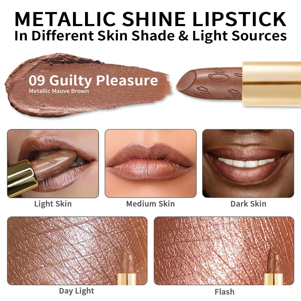 Detalle 2 de OULAC Lippenstift Metallic Glanz Finish (09 Guilty Pleasure) – wasserfester Metallic-Glanz mit pflegender Formulierung