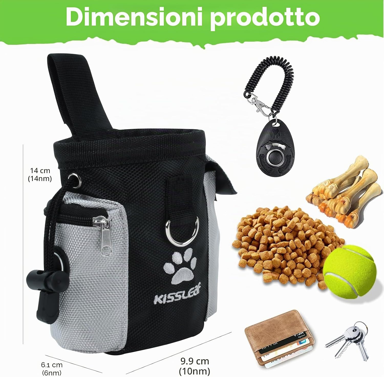 Detalle de Kissleaf Porta Premietti per Cani Multifunzionale: Borsa Portasnack con Doppia Tasca e Dispenser