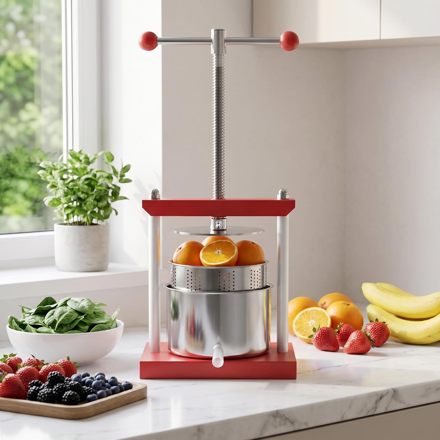 Detalle de Aufun 3L handmatige fruitpers van roestvrij staal, 3 liter