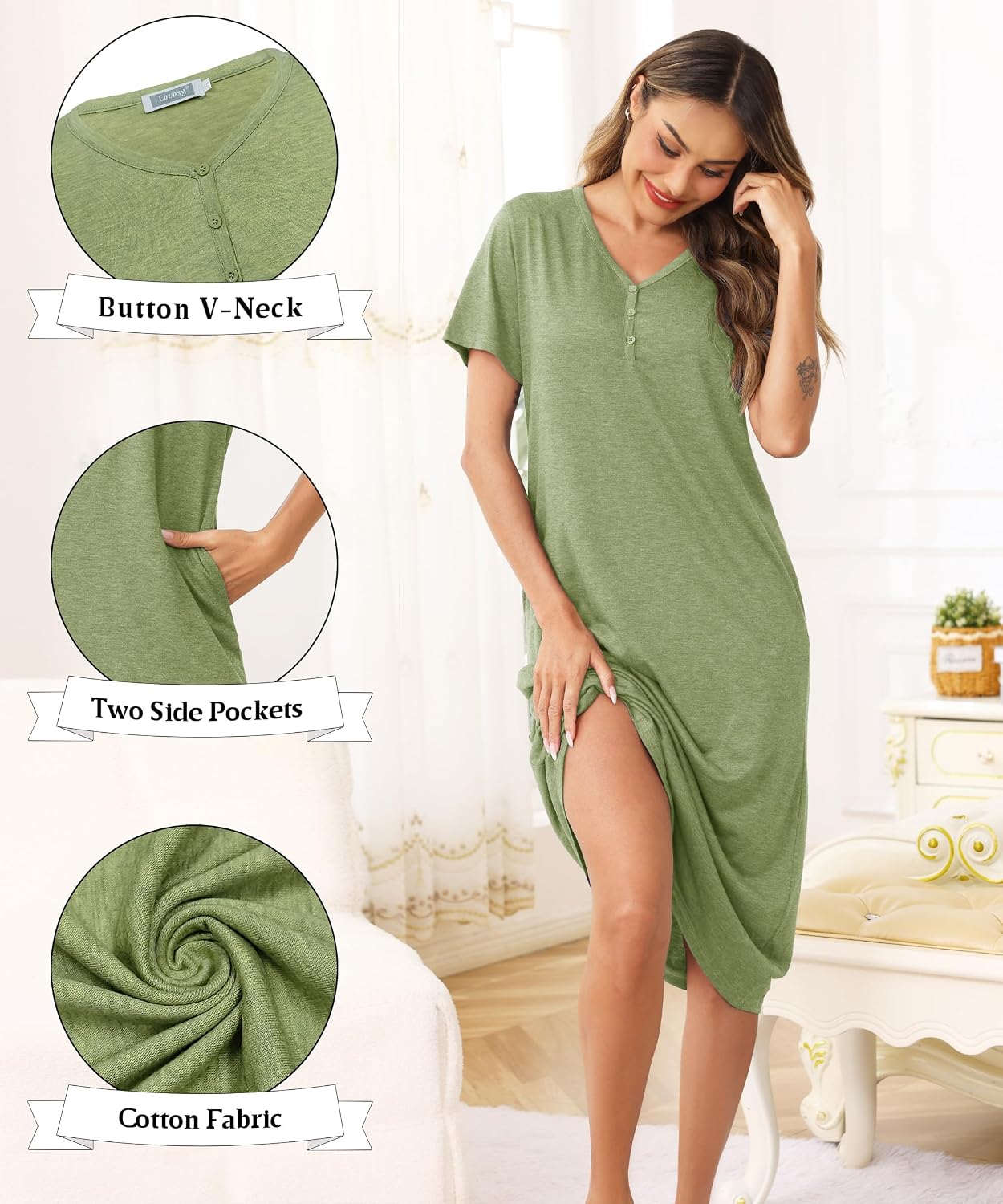 Thumbnail 3 de Lovasy Cotton Nightdress for Women UK – Long Nightdress with V-Neck, 95% Cotton Stretch, Pockets