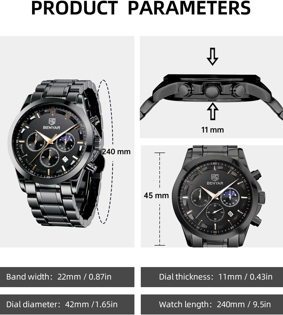 Detalle 2 de BENYAR BY Herrenuhr – Chronograph, 30 m Wasserdicht, Edelstahlarmband, Quarzwerk