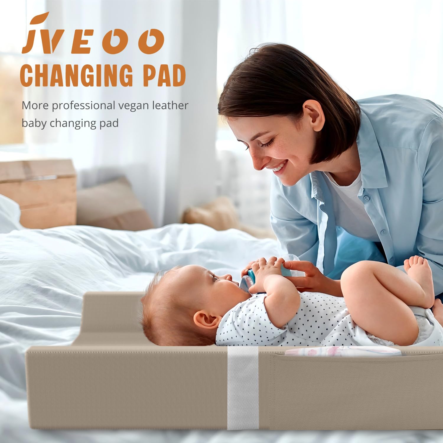 Detalle 2 de JVEOO Vegan Leather Baby Changing Pad, Waterproof, Wipeable with Pocket