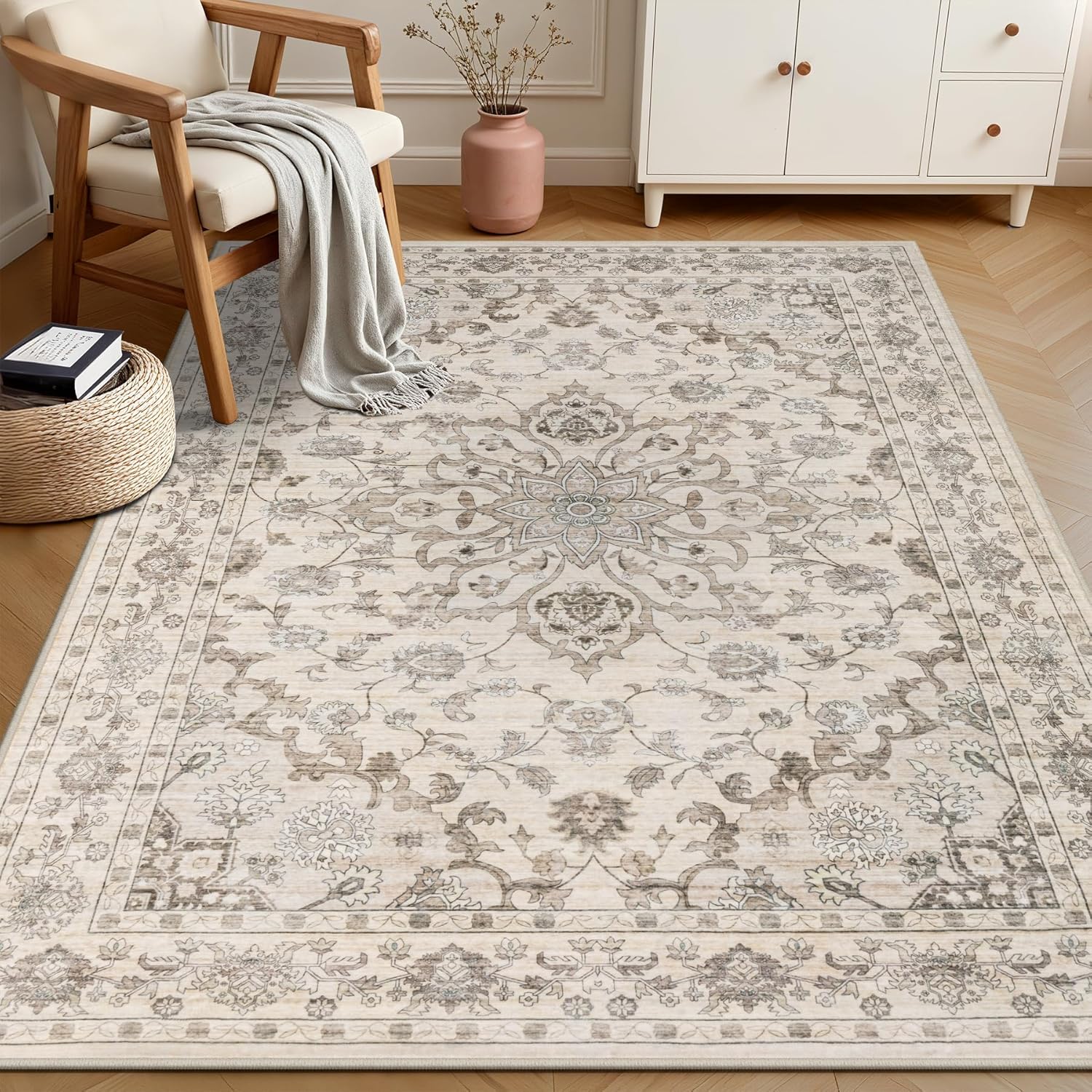 Thumbnail 2 de ExpediX 5x7 Washable Vintage Distressed Floral Area Rug (Non-Slip, Stain Resistant) for Living Room, Bedroom, and More