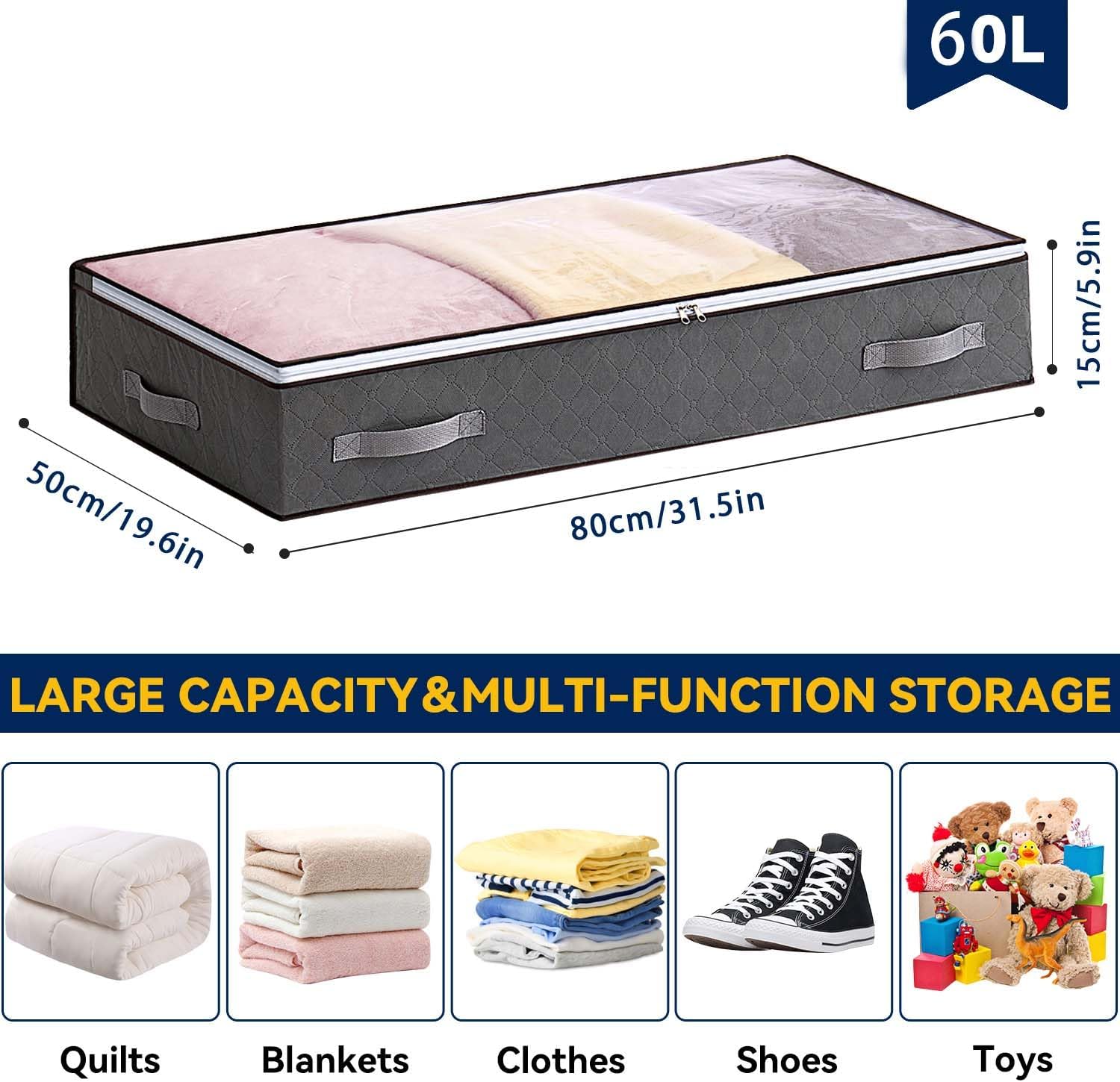 Detalle 2 de Boic 4 Pack 60L Underbed Storage Bags with Lid & Reinforced Handles