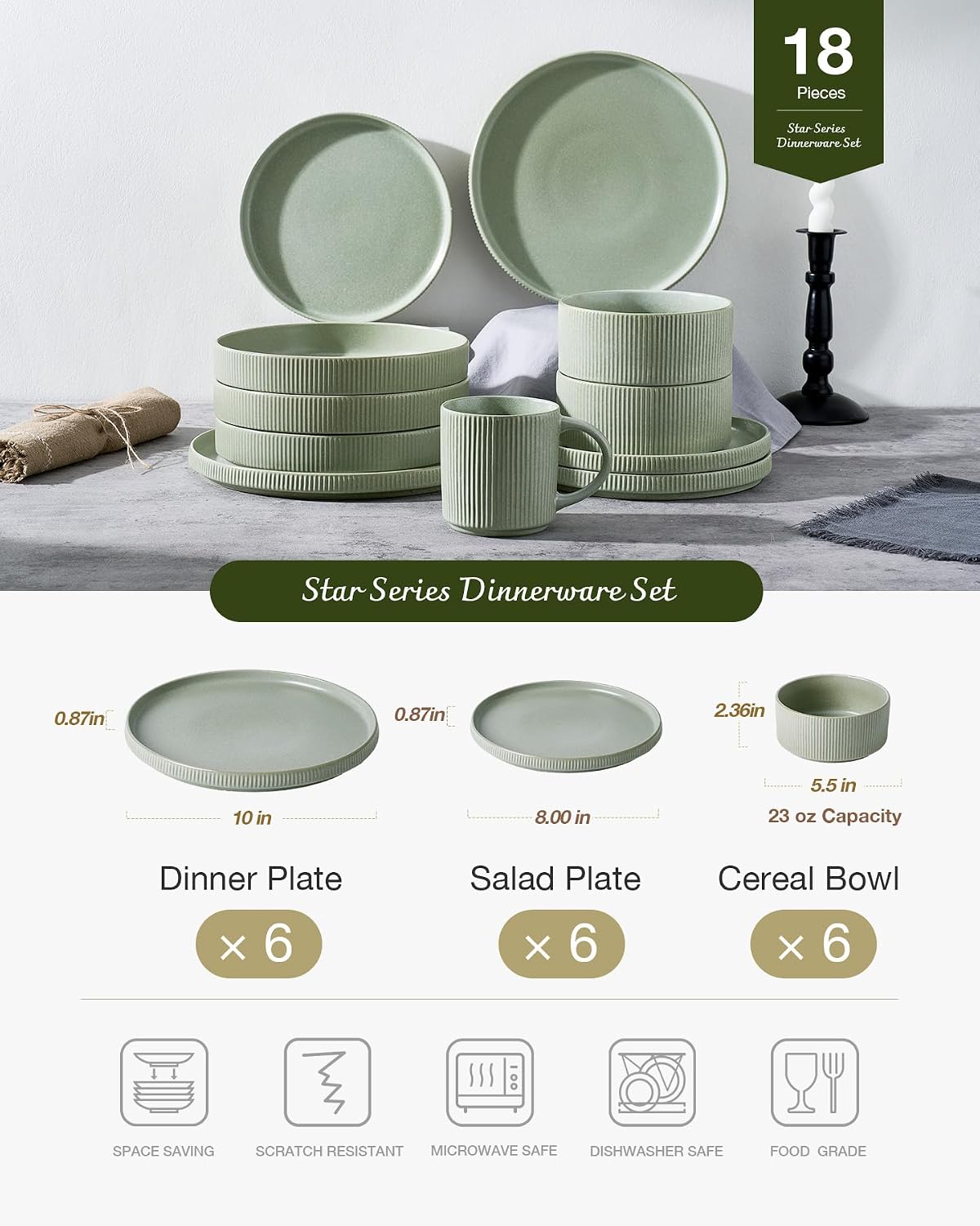 Thumbnail 2 de Famiware Star Dinnerware Set for 6 (18 pcs) Green Matte