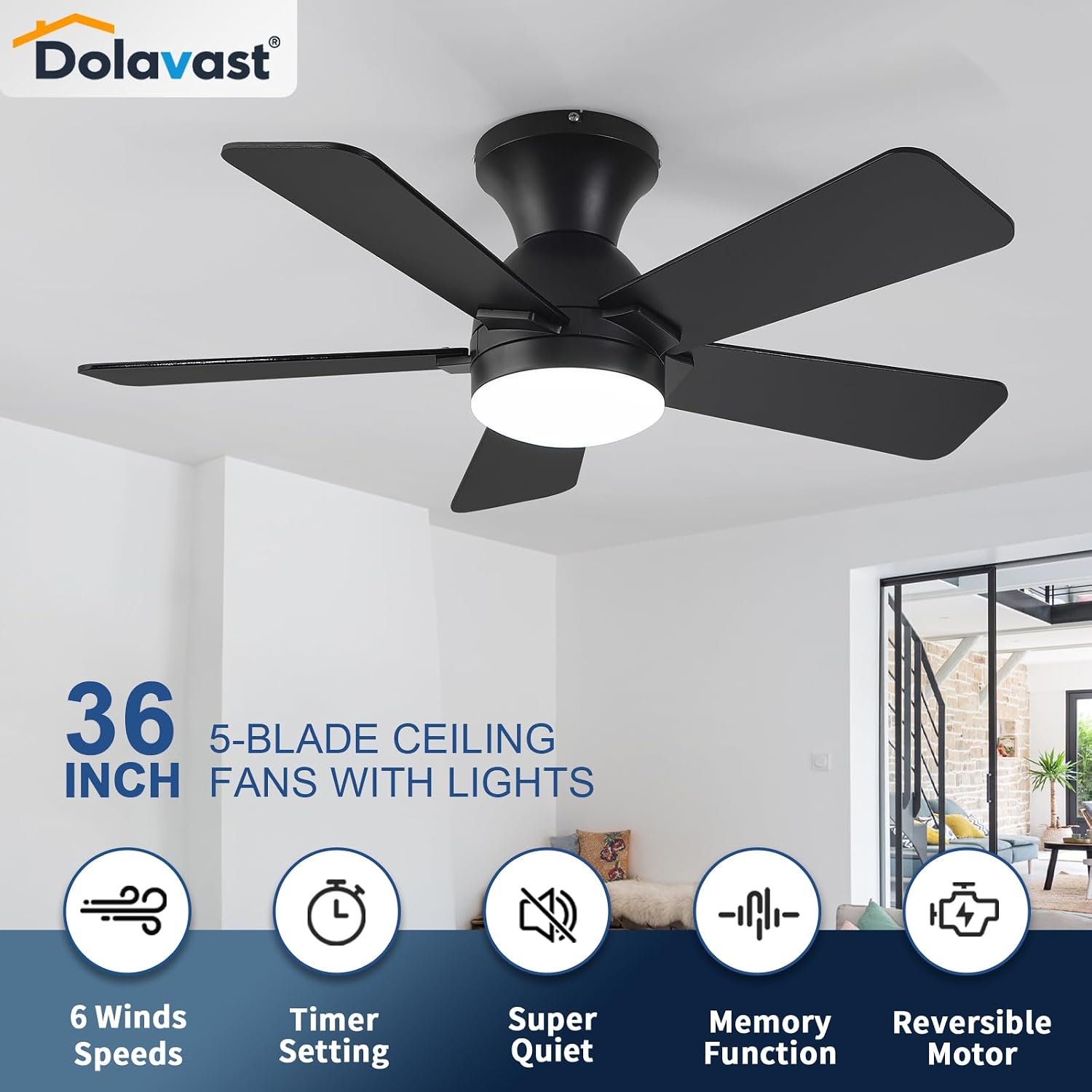 Detalle 2 de Dolavast HY-6163-5/36 36-Inch Ceiling Fan with Light, Remote and Reversible Blades