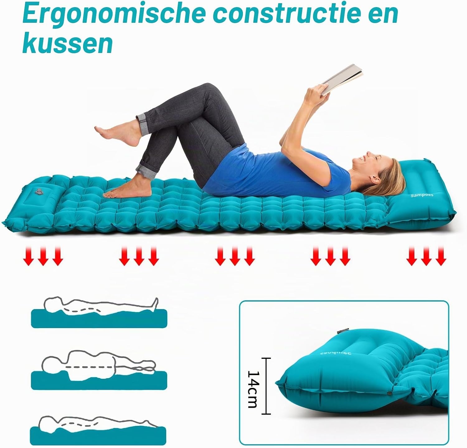 Detalle 1 de Sampoes GSAP02025 campingmatras met voetpomp, 10 cm dik en koppelbaar