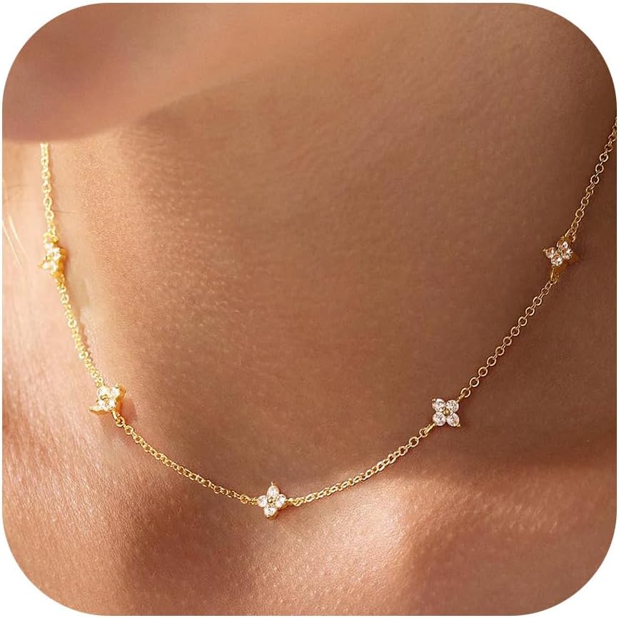 Detalle de HARJJME Damen-Kette aus 14K vergoldetem Kupfer & Silber 925 mit Kleeblatt, Herz und Zirkonia – Choker, wasserfest
