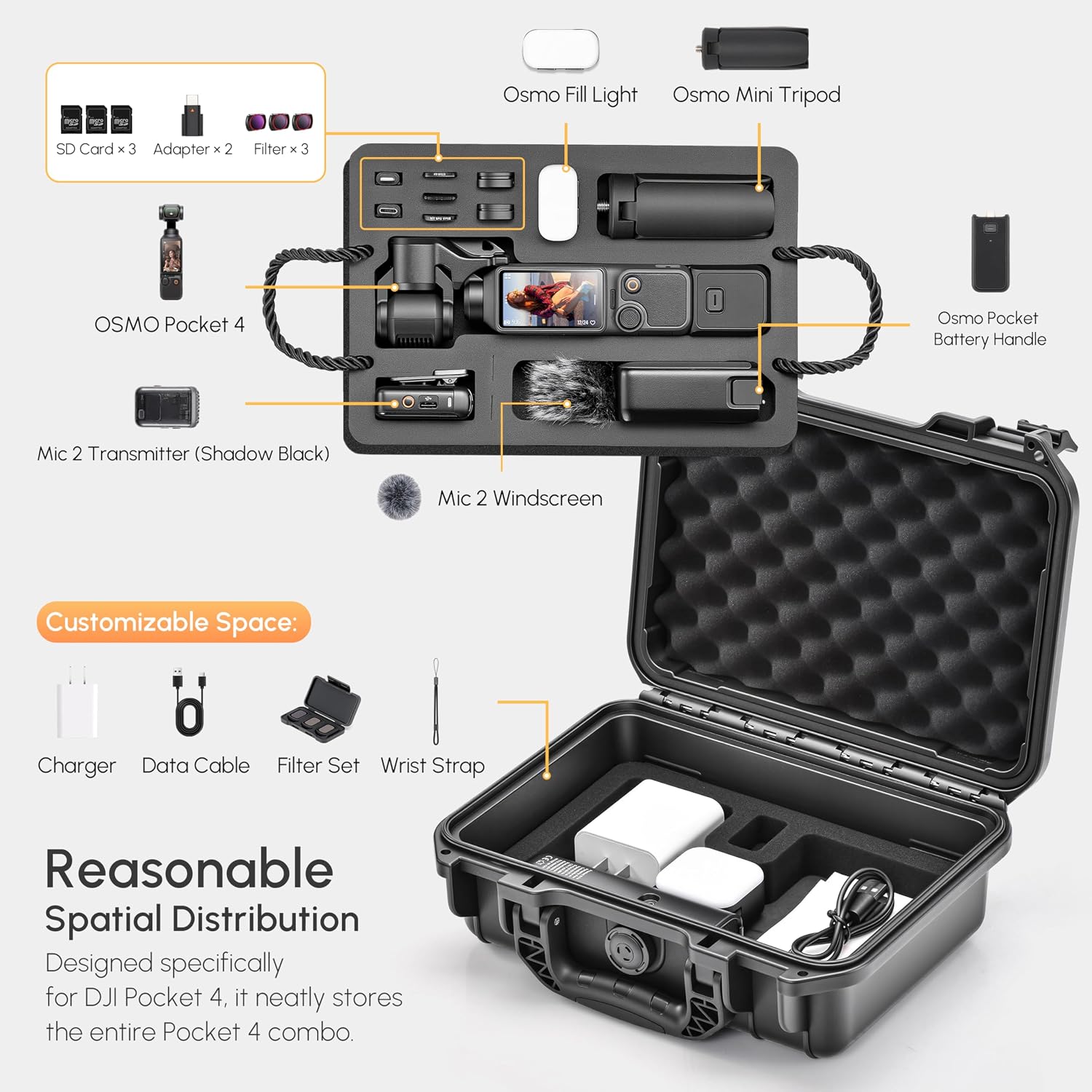 Detalle de Waterproof Hard Case for DJI Osmo Pocket 4 Creator Combo – Shockproof, 1:1 Fit