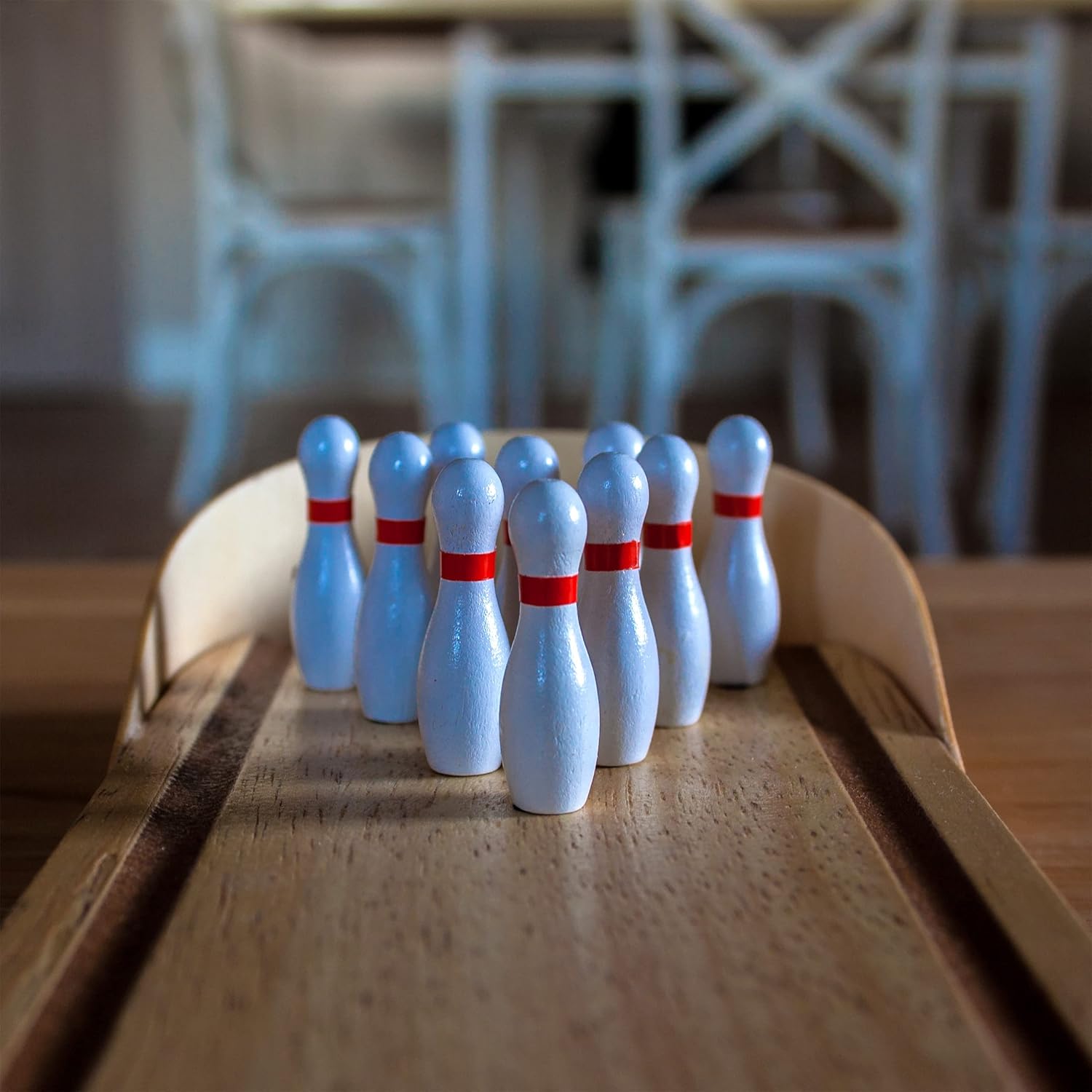Detalle de Relaxdays Bowling de Table – Mini-jeu sur table (10 quilles, 3 ans+), design MDF et boule métallique