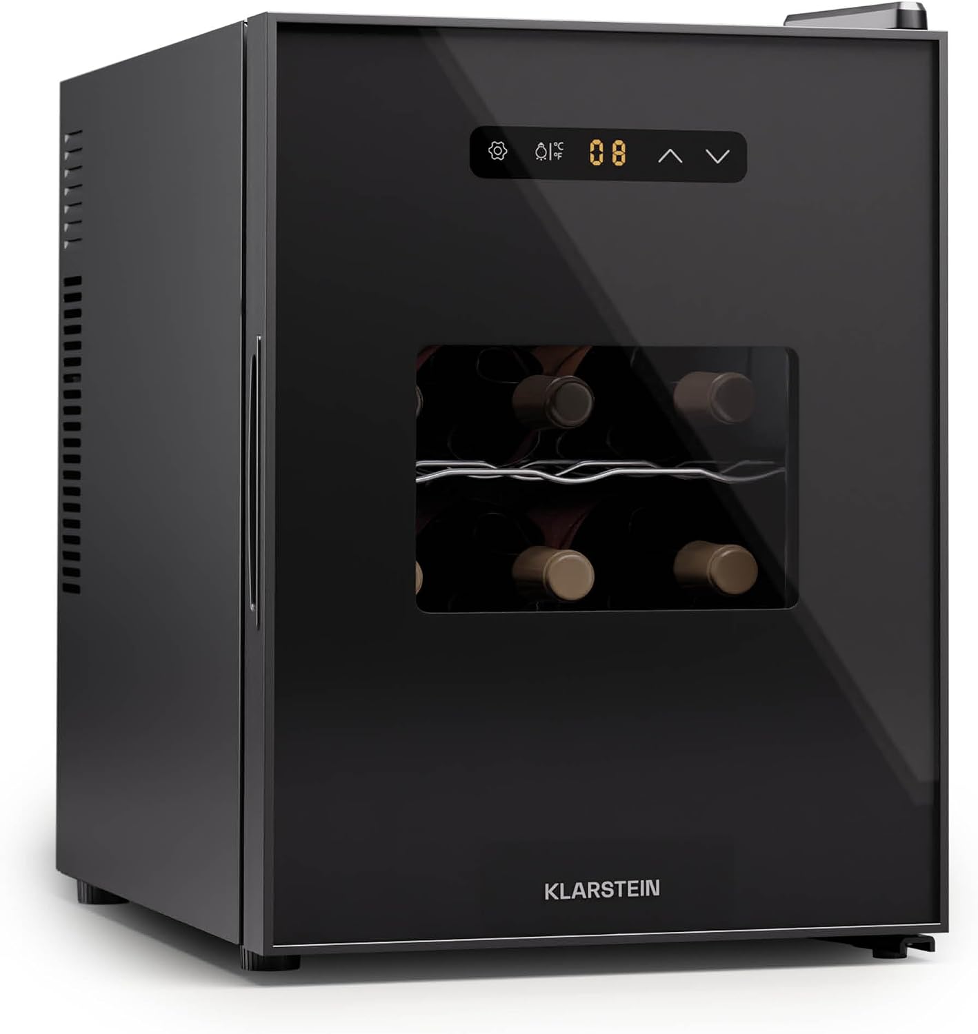 Detalle de Klarstein 10045375 wijnkoelkast met één zone, glazen deur en ruimte voor 12 flessen