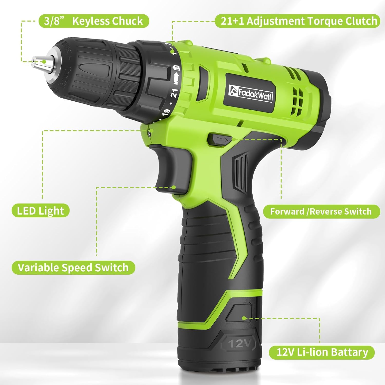 Detalle de FADAKWALT CB1301 12V Cordless Drill Set, 21+1 Clutch, LED Light