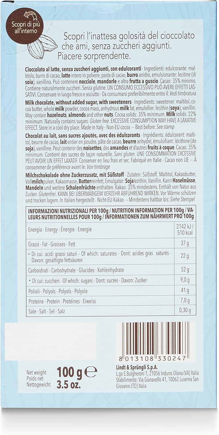 Detalle de Caffarel Sugar Free Milk Bar – Pack da 3 tavolette al latte senza zuccheri aggiunti (100 g ciascuna)